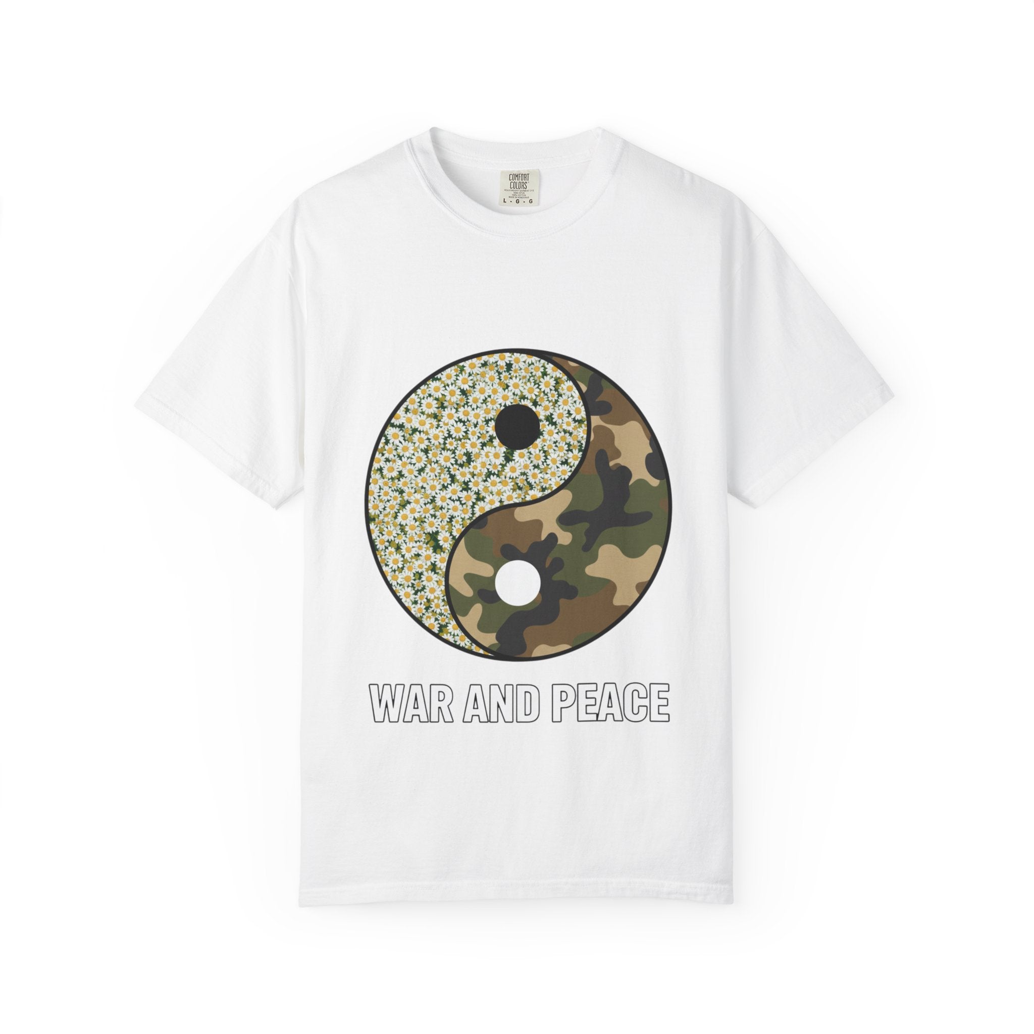 War and Peace Yin Yang T-Shirt — Camouflage & Daisies Graphic Tee