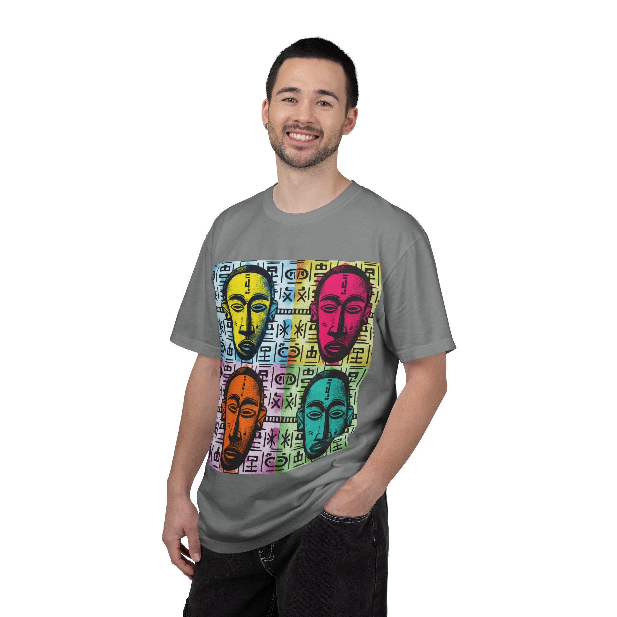 Pop Art Tribal Mask T-Shirt — Colorful Four Faces Graphic Tee