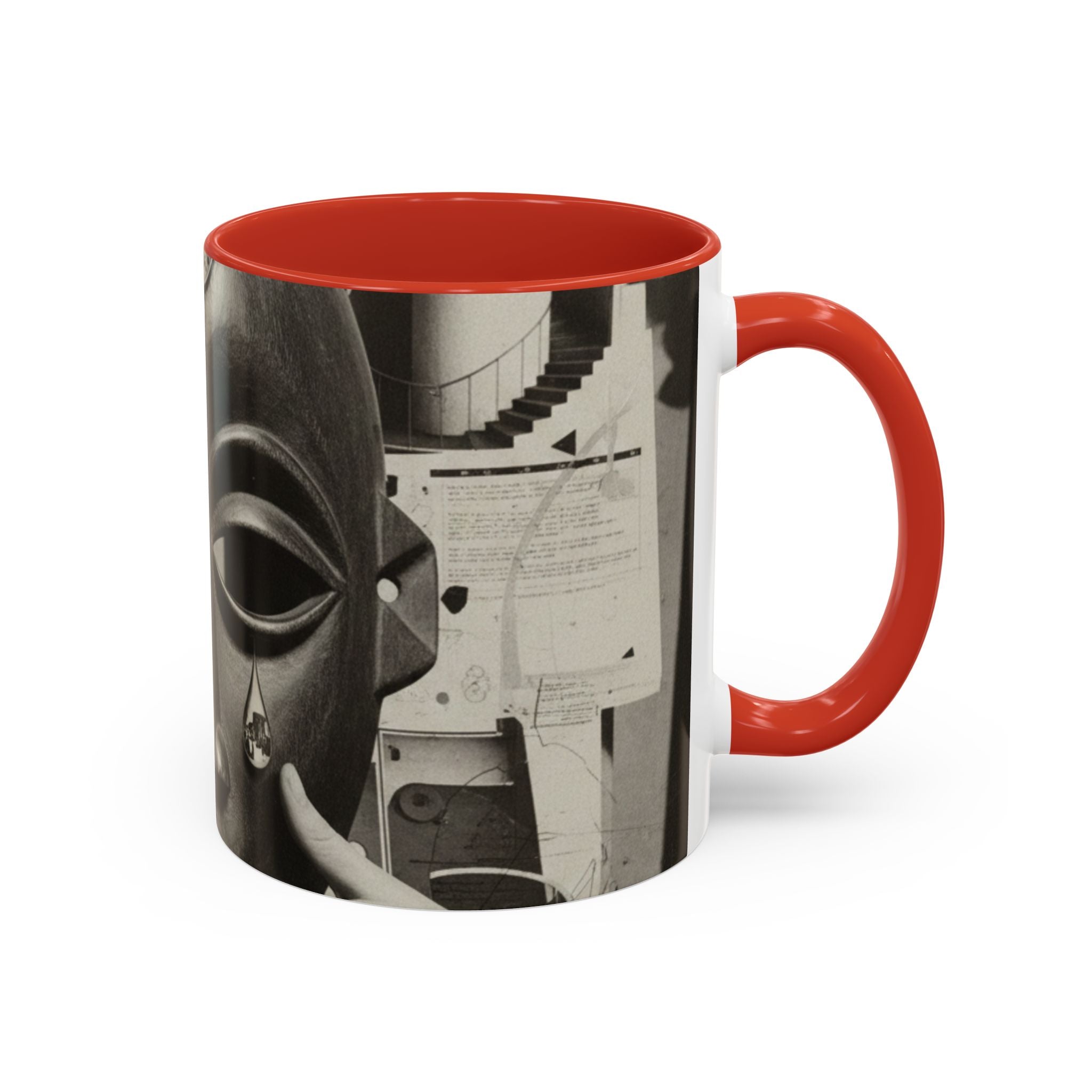 Surreal Dada Mask Accent Coffee Mug — Retro Black & White Art Ceramic (11/15oz)