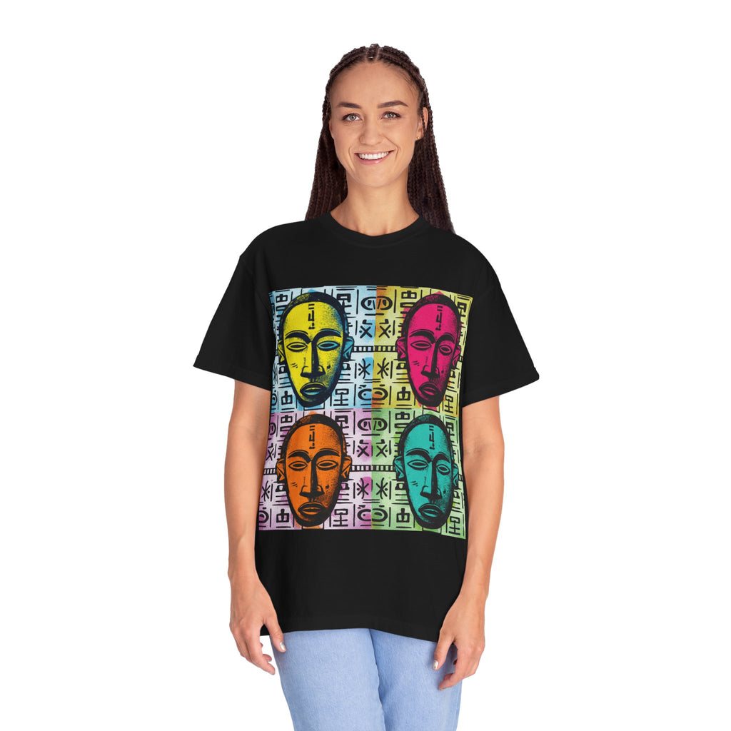 Pop Art Tribal Mask T-Shirt — Colorful Four Faces Graphic Tee