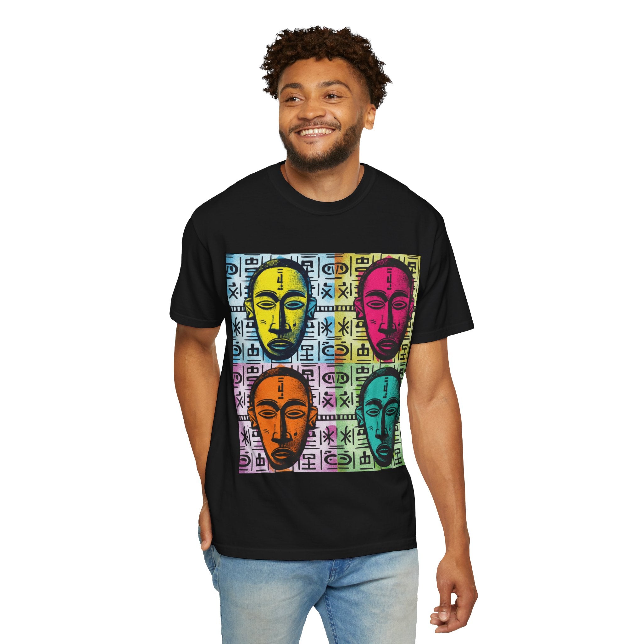 Pop Art Tribal Mask T-Shirt — Colorful Four Faces Graphic Tee