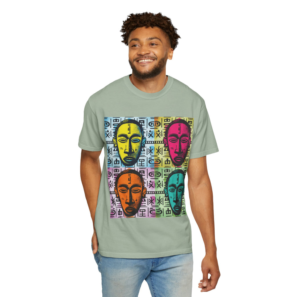 Pop Art Tribal Mask T-Shirt — Colorful Four Faces Graphic Tee