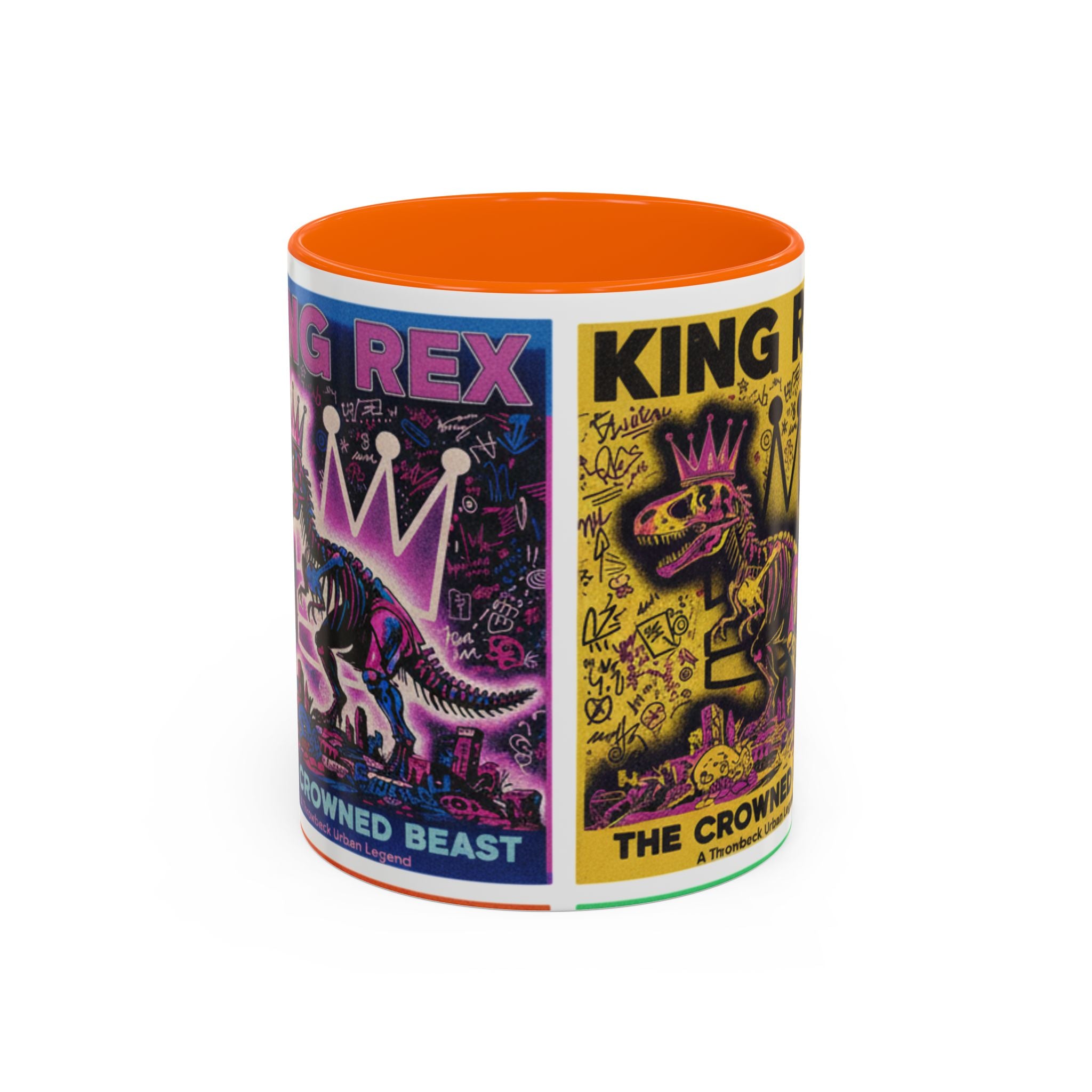 King Rex Pop-Art Coffee Mug — Retro Dinosaur Poster Accent Mug (11/15oz)