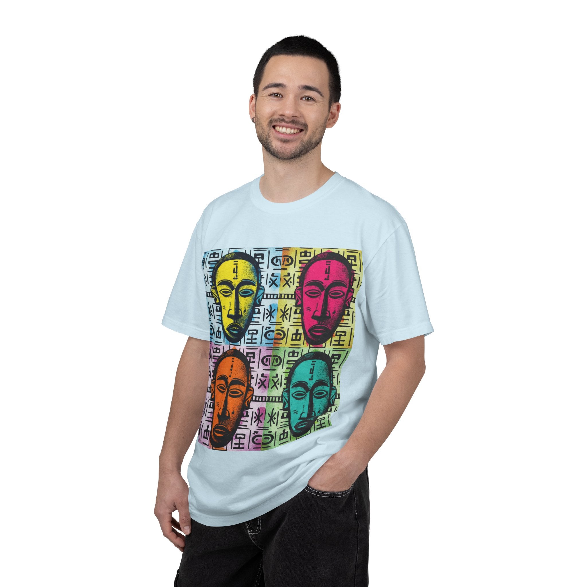 Pop Art Tribal Mask T-Shirt — Colorful Four Faces Graphic Tee