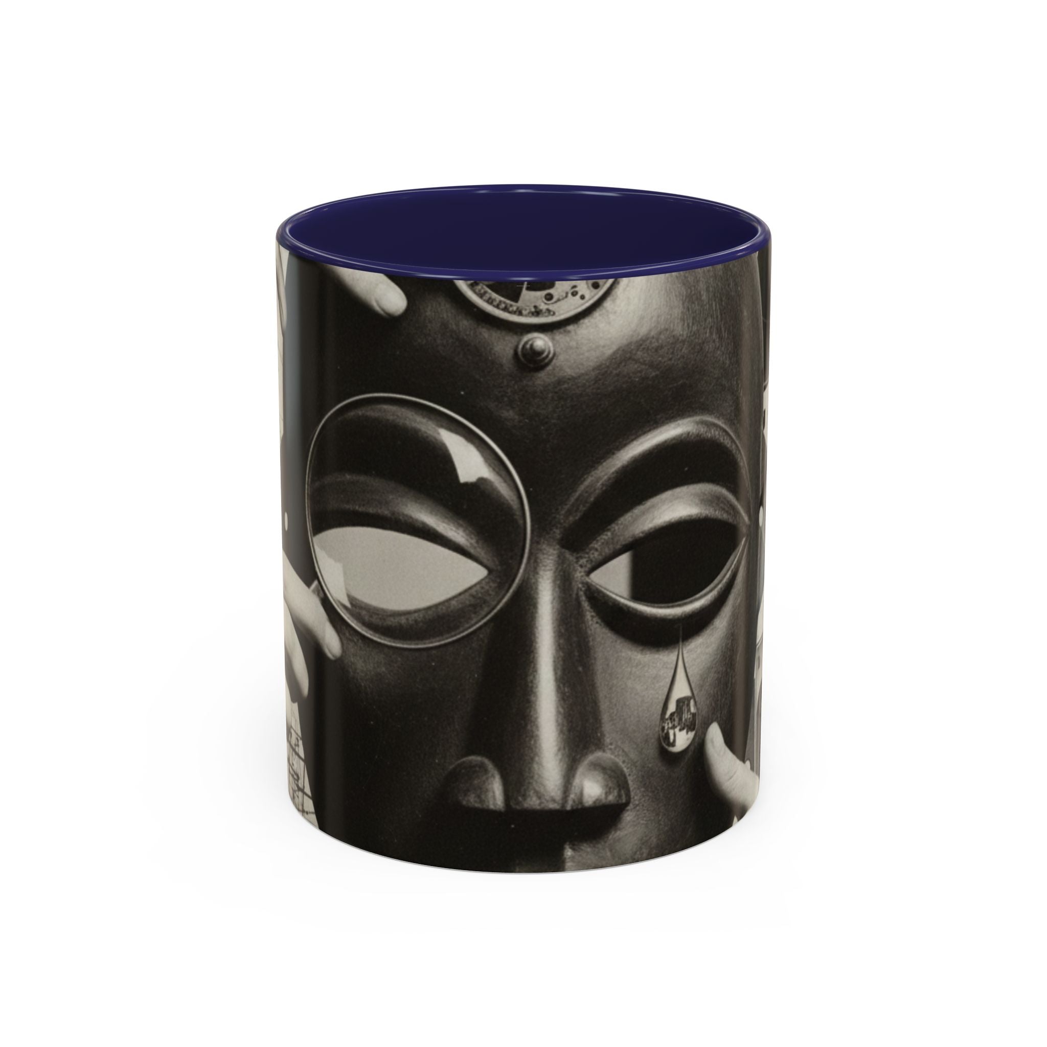 Surreal Dada Mask Accent Coffee Mug — Retro Black & White Art Ceramic (11/15oz)