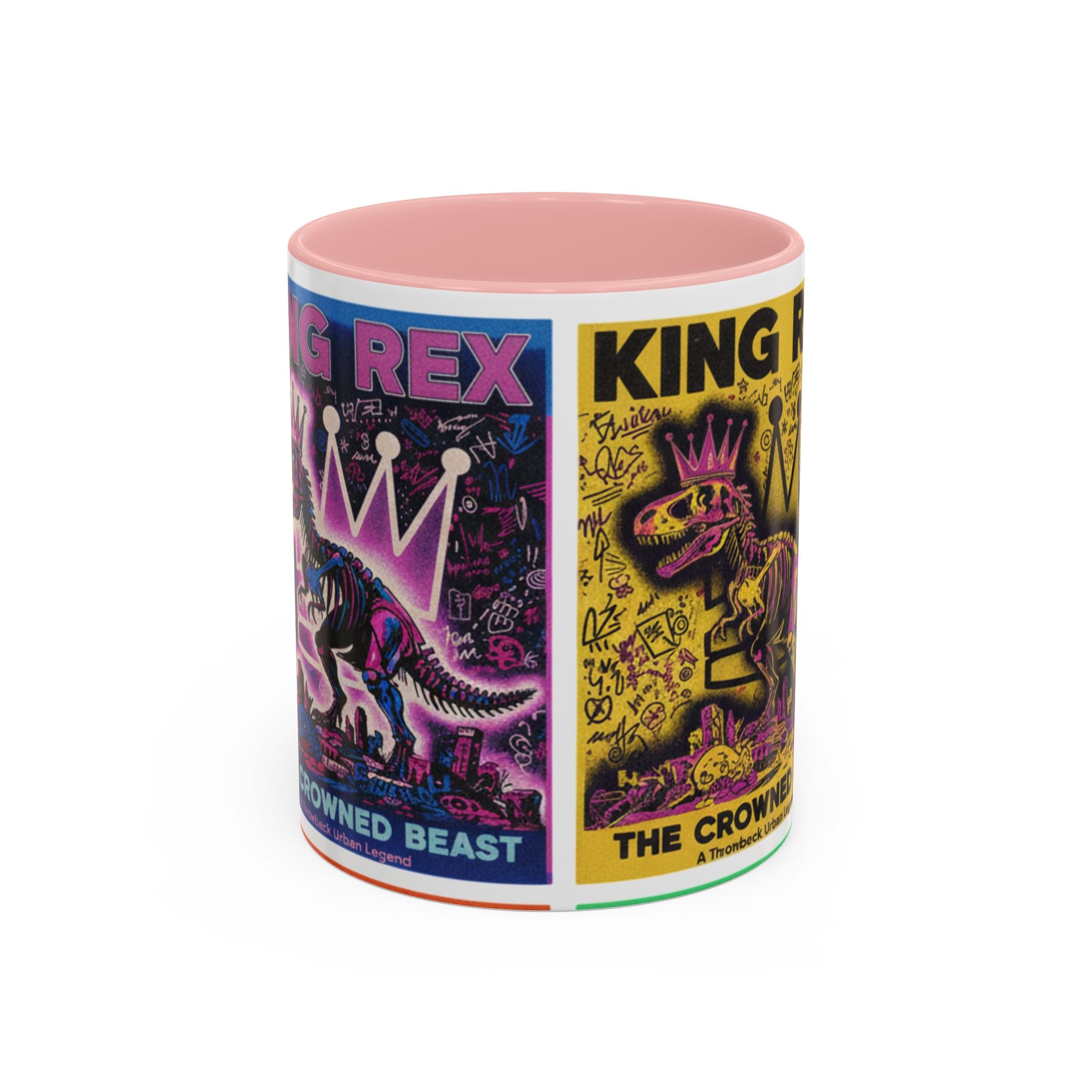 King Rex Pop-Art Coffee Mug — Retro Dinosaur Poster Accent Mug (11/15oz)