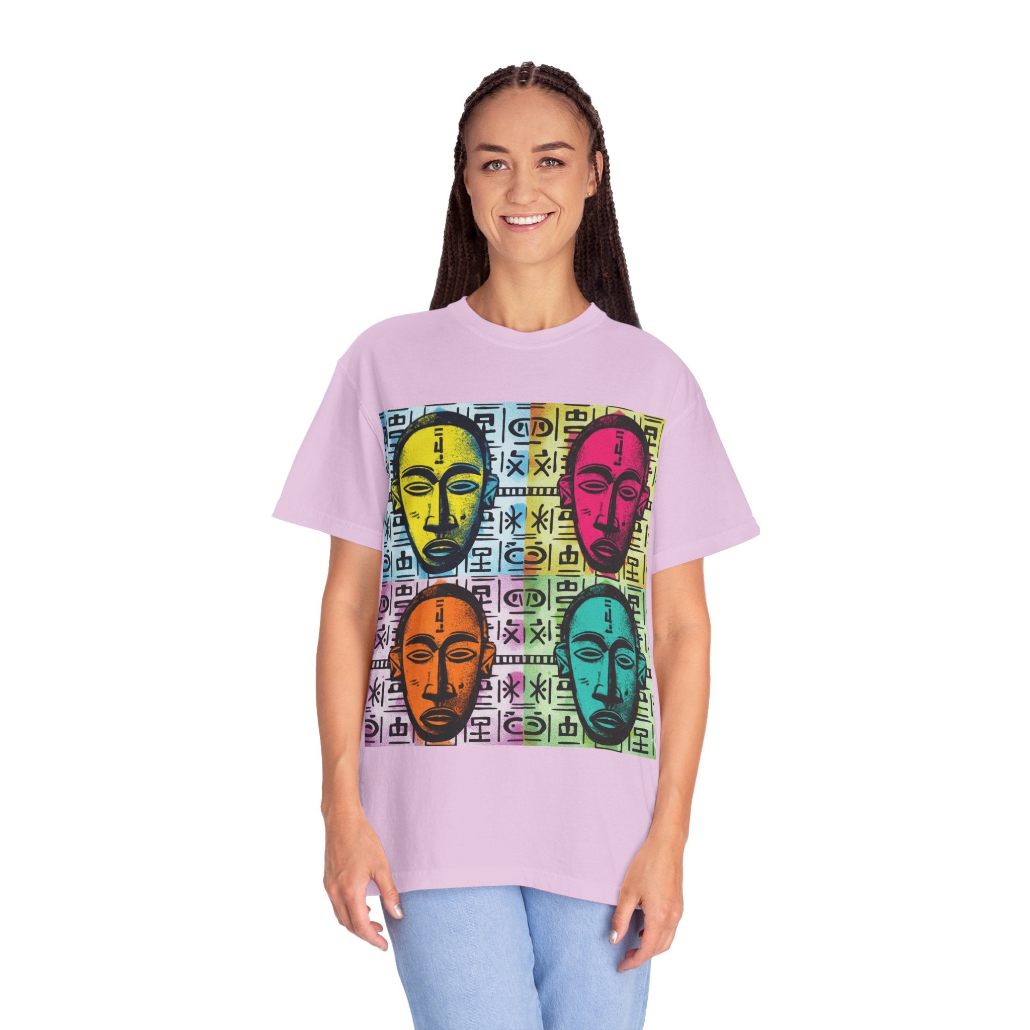 Pop Art Tribal Mask T-Shirt — Colorful Four Faces Graphic Tee