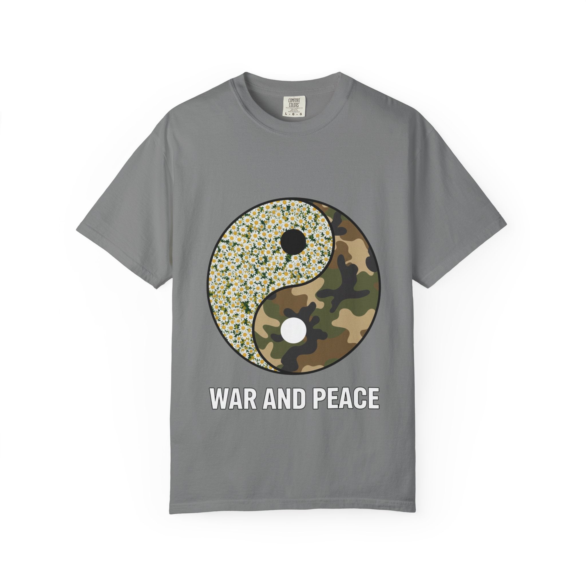 War and Peace Yin Yang T-Shirt — Camouflage & Daisies Graphic Tee