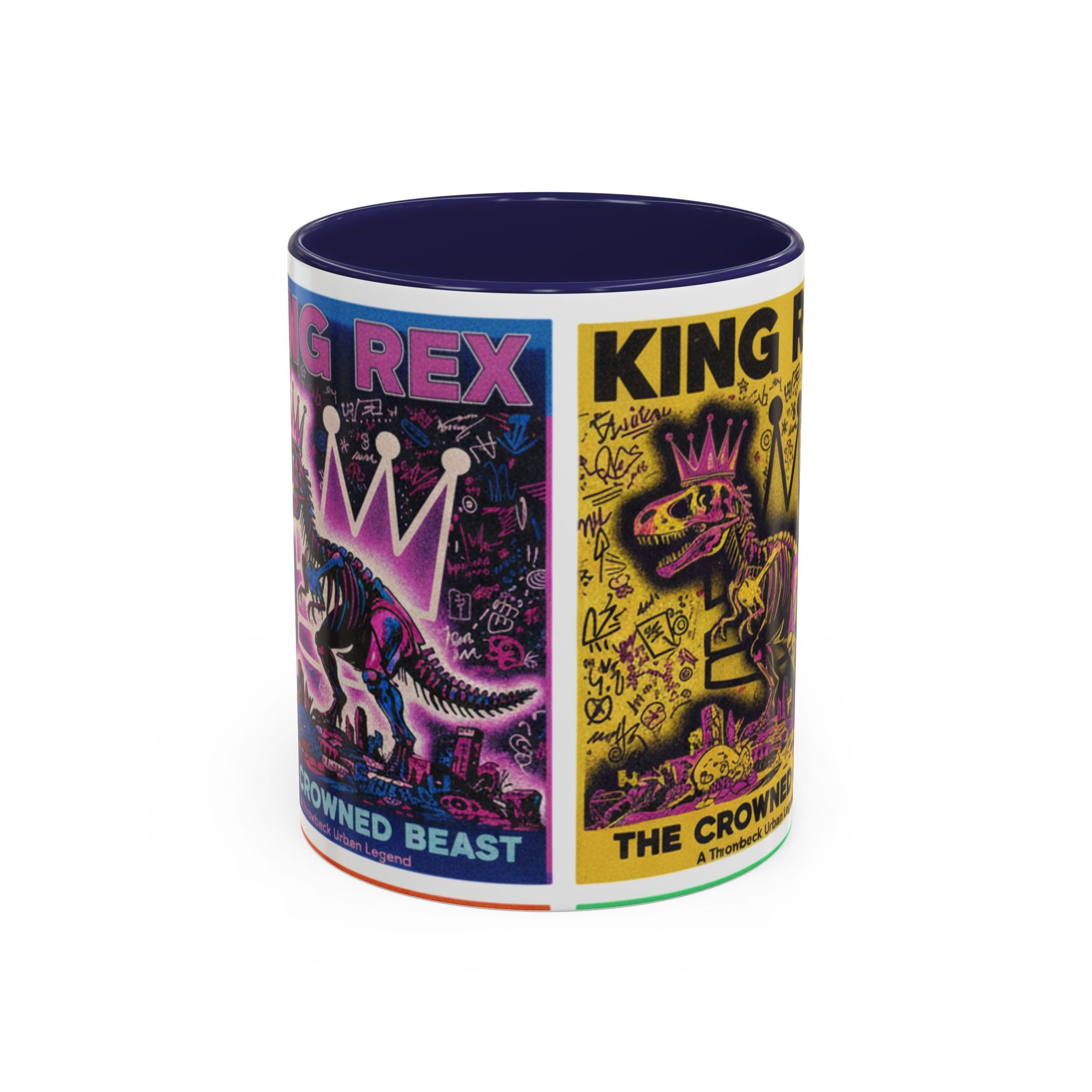 King Rex Pop-Art Coffee Mug — Retro Dinosaur Poster Accent Mug (11/15oz)