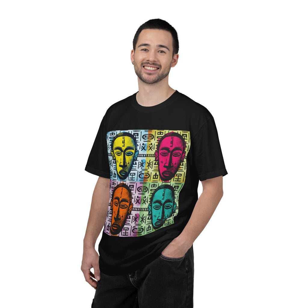 Pop Art Tribal Mask T-Shirt — Colorful Four Faces Graphic Tee