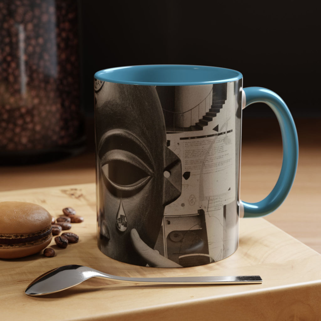 Surreal Dada Mask Accent Coffee Mug — Retro Black & White Art Ceramic (11/15oz)