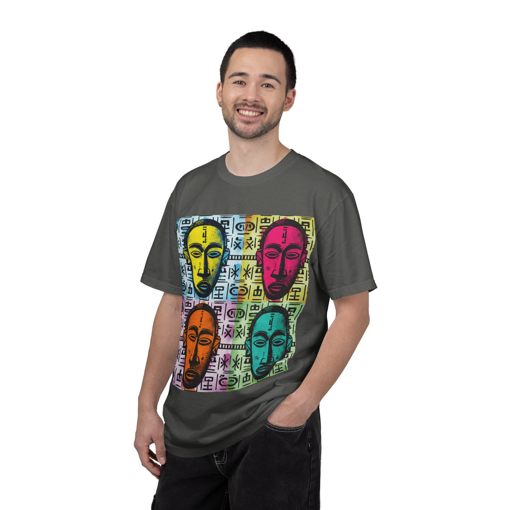 Pop Art Tribal Mask T-Shirt — Colorful Four Faces Graphic Tee