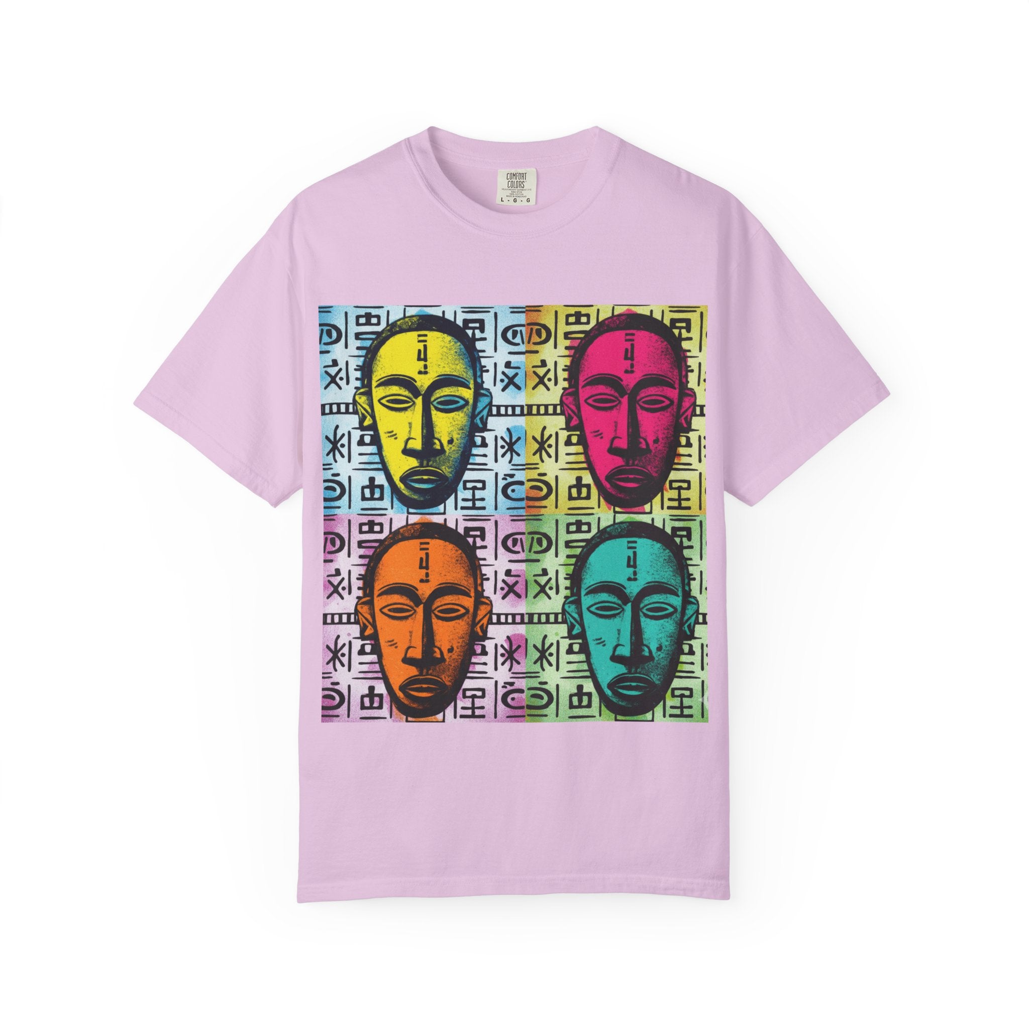 Pop Art Tribal Mask T-Shirt — Colorful Four Faces Graphic Tee