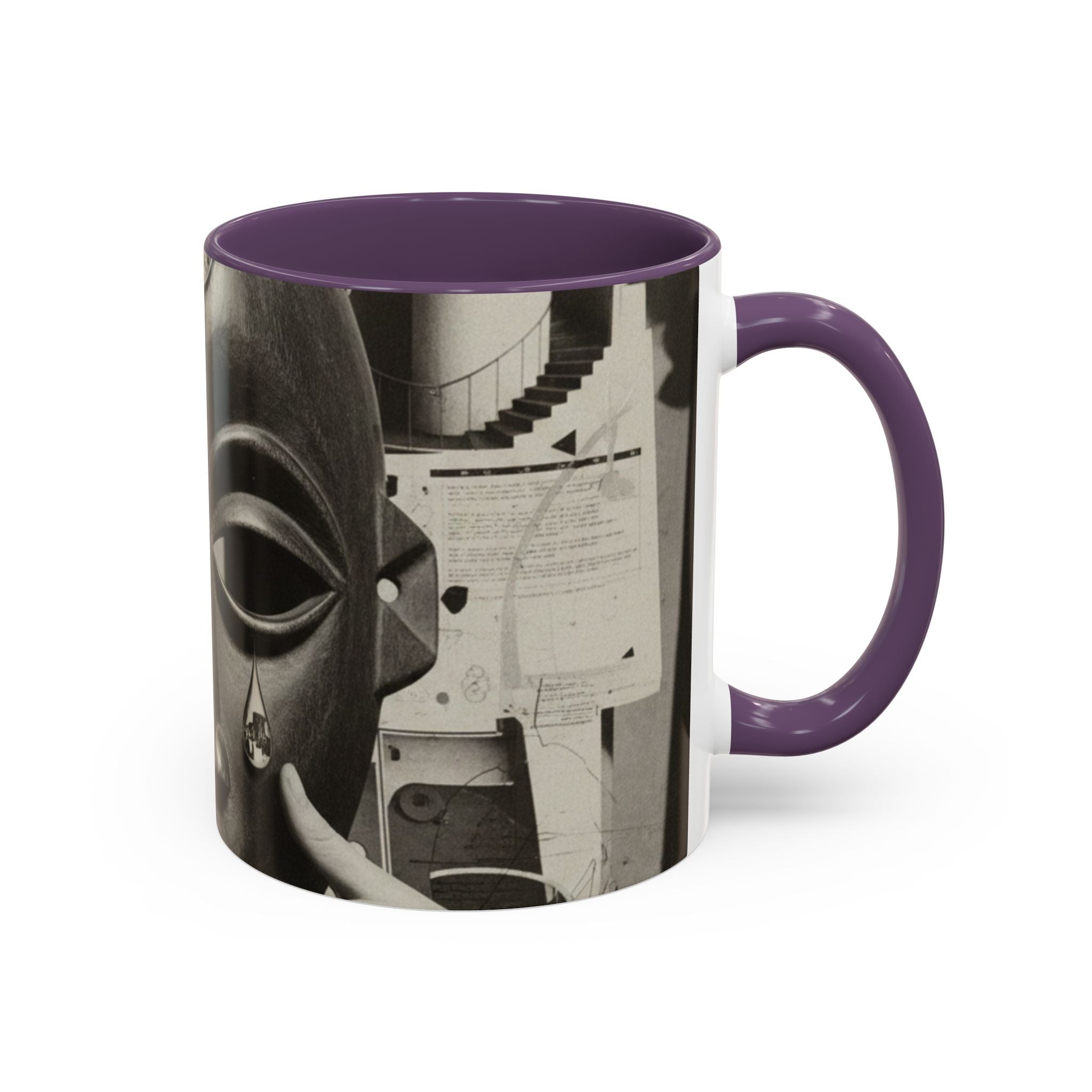 Surreal Dada Mask Accent Coffee Mug — Retro Black & White Art Ceramic (11/15oz)