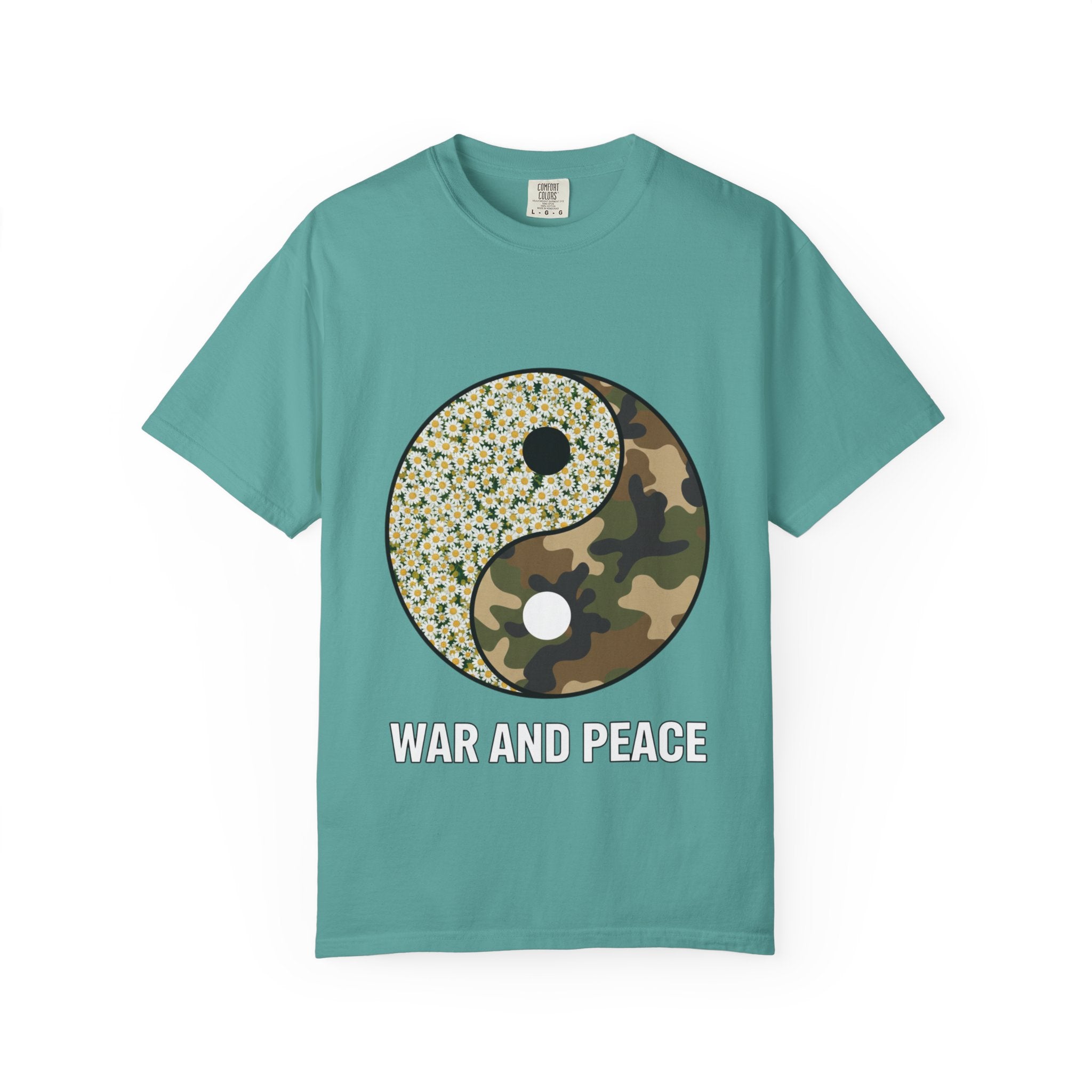 War and Peace Yin Yang T-Shirt — Camouflage & Daisies Graphic Tee