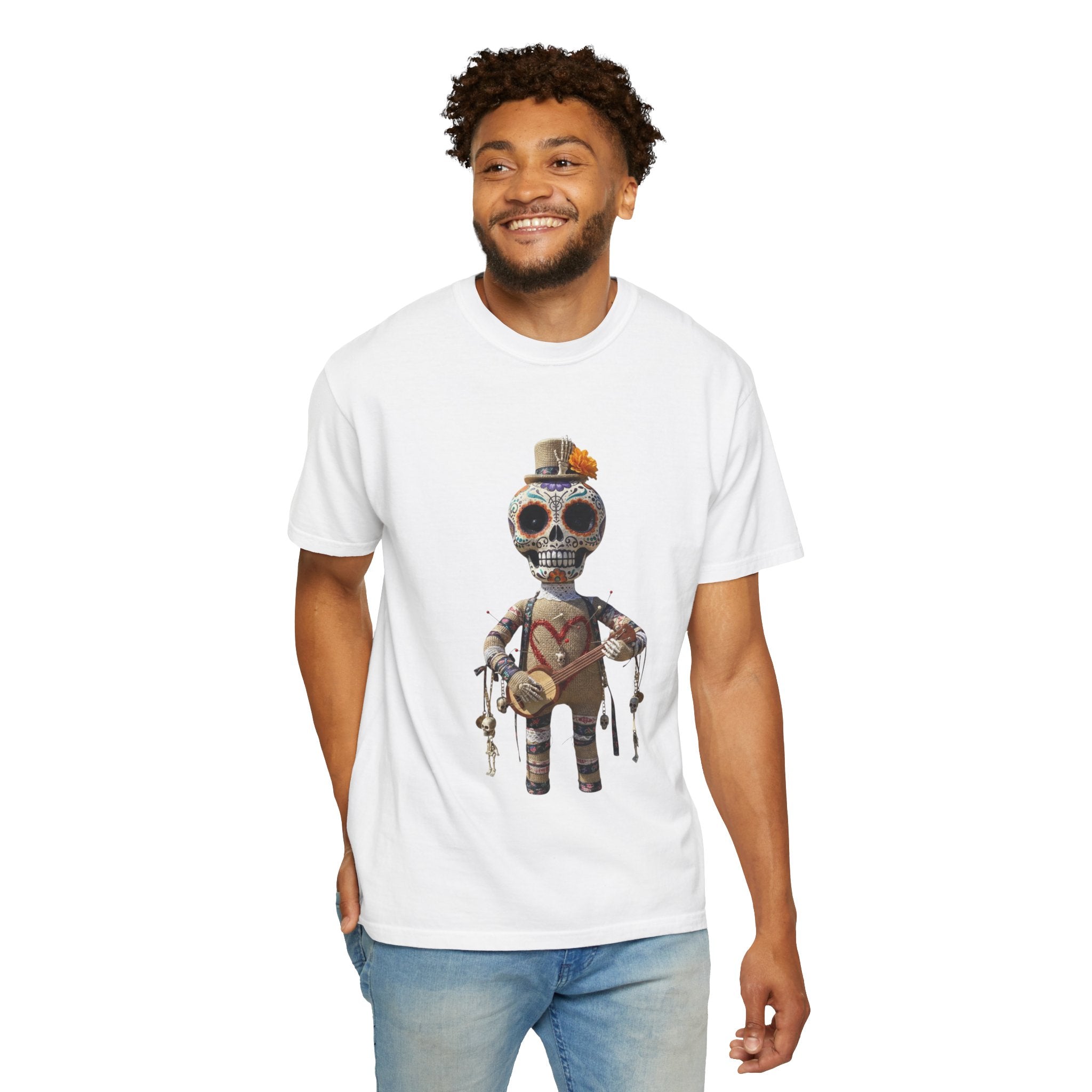 Day of the Dead Sugar Skull Doll T-Shirt — Skeleton Maraca Musician Tee