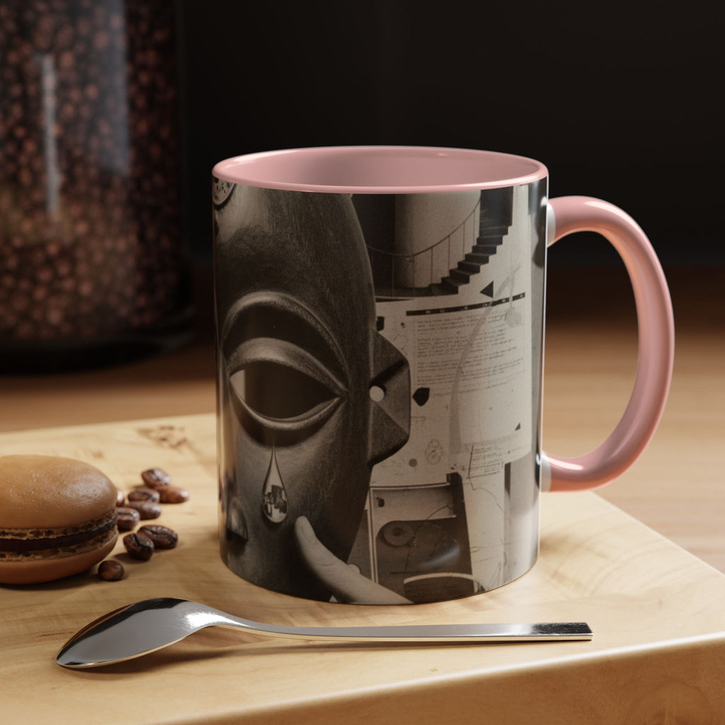 Surreal Dada Mask Accent Coffee Mug — Retro Black & White Art Ceramic (11/15oz)
