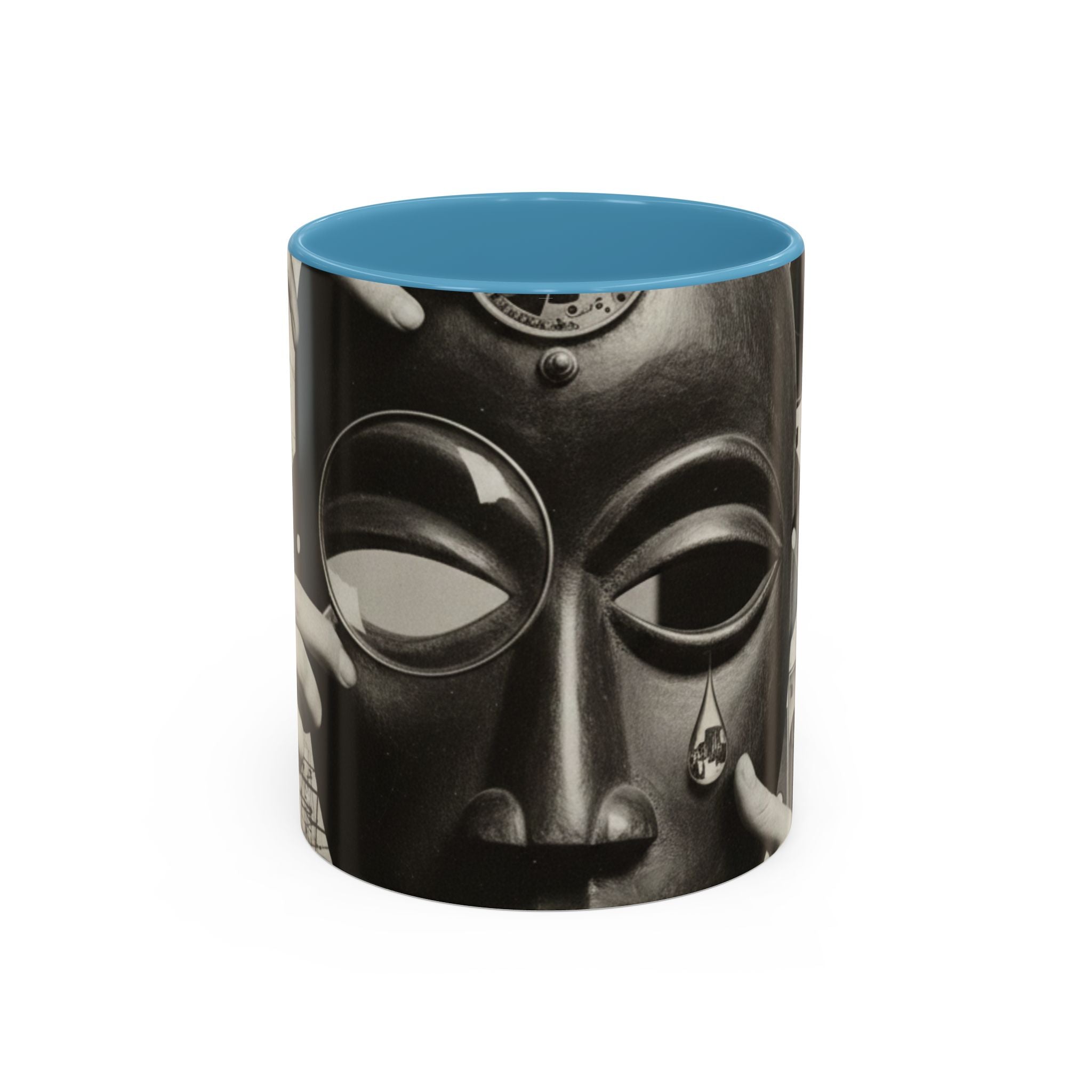 Surreal Dada Mask Accent Coffee Mug — Retro Black & White Art Ceramic (11/15oz)