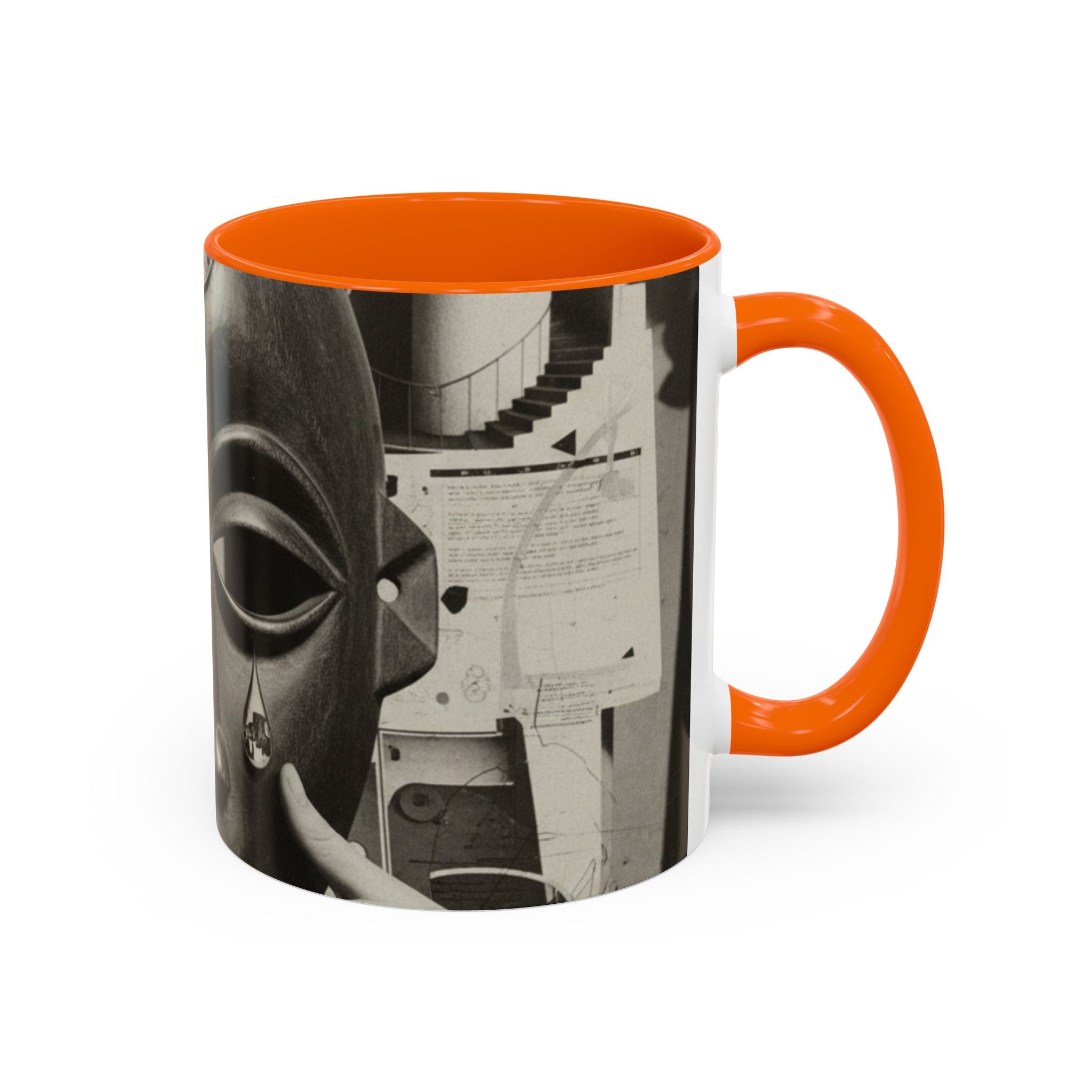 Surreal Dada Mask Accent Coffee Mug — Retro Black & White Art Ceramic (11/15oz)