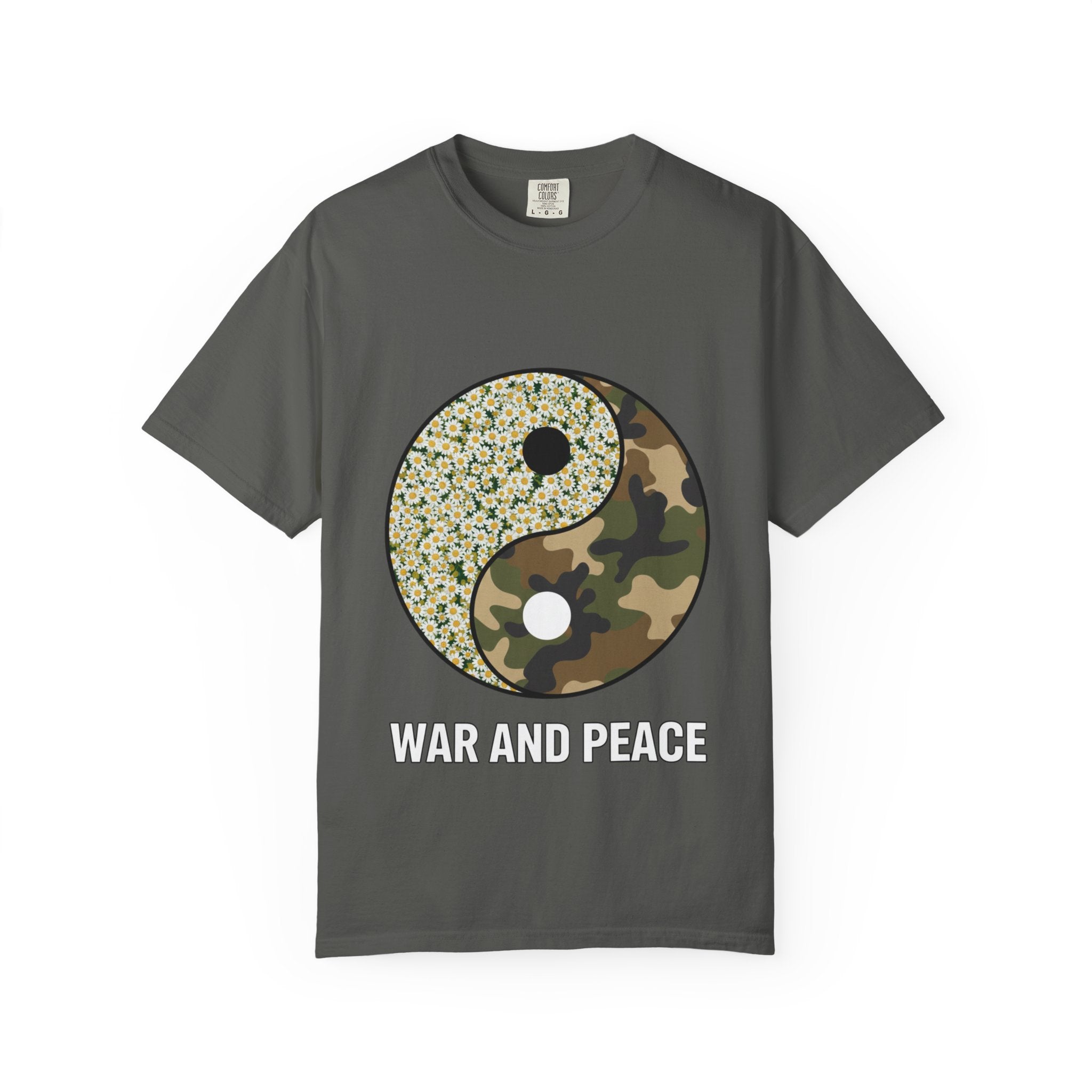 War and Peace Yin Yang T-Shirt — Camouflage & Daisies Graphic Tee