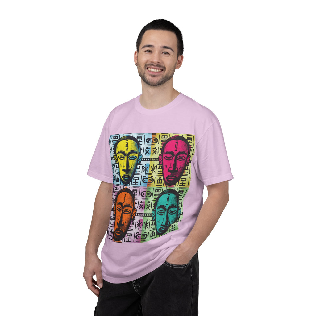 Pop Art Tribal Mask T-Shirt — Colorful Four Faces Graphic Tee