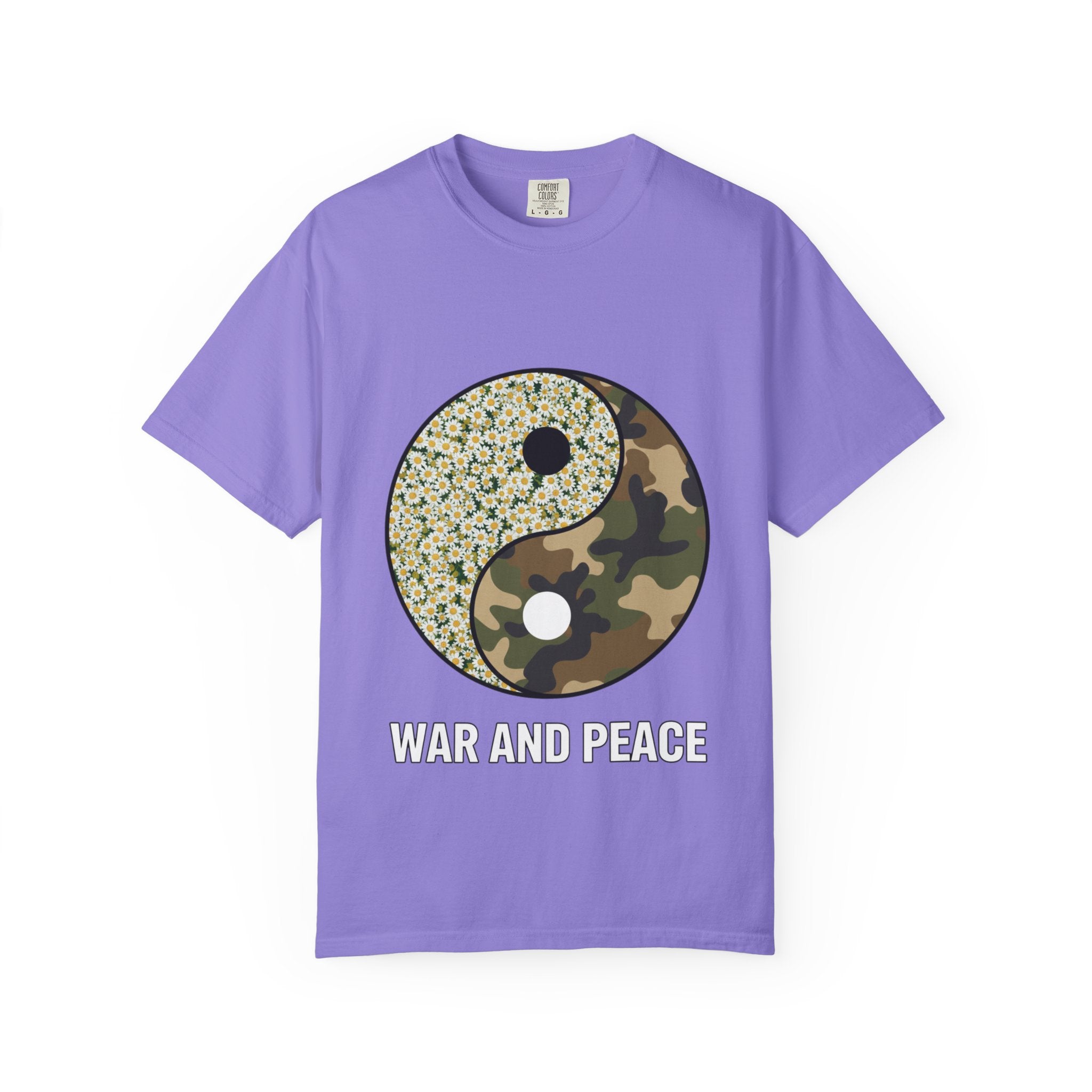 War and Peace Yin Yang T-Shirt — Camouflage & Daisies Graphic Tee