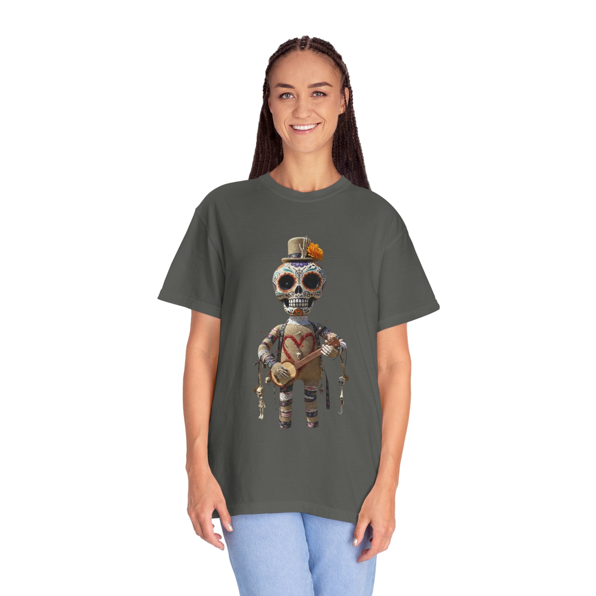 Day of the Dead Sugar Skull Doll T-Shirt — Skeleton Maraca Musician Tee