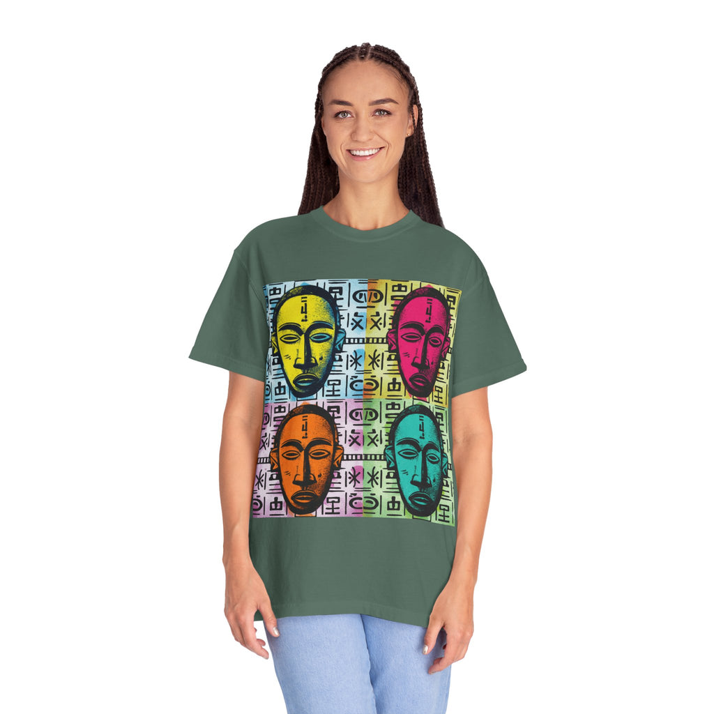 Pop Art Tribal Mask T-Shirt — Colorful Four Faces Graphic Tee
