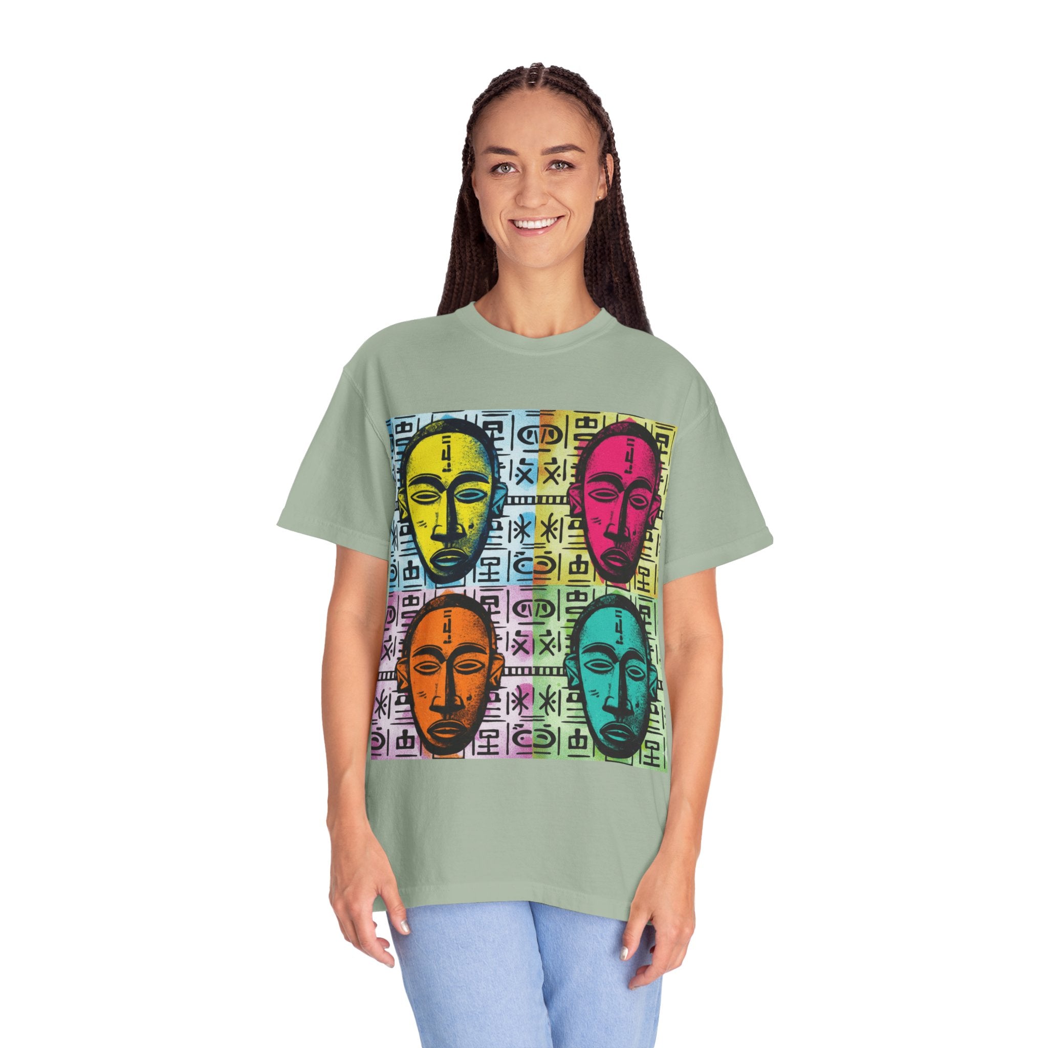 Pop Art Tribal Mask T-Shirt — Colorful Four Faces Graphic Tee