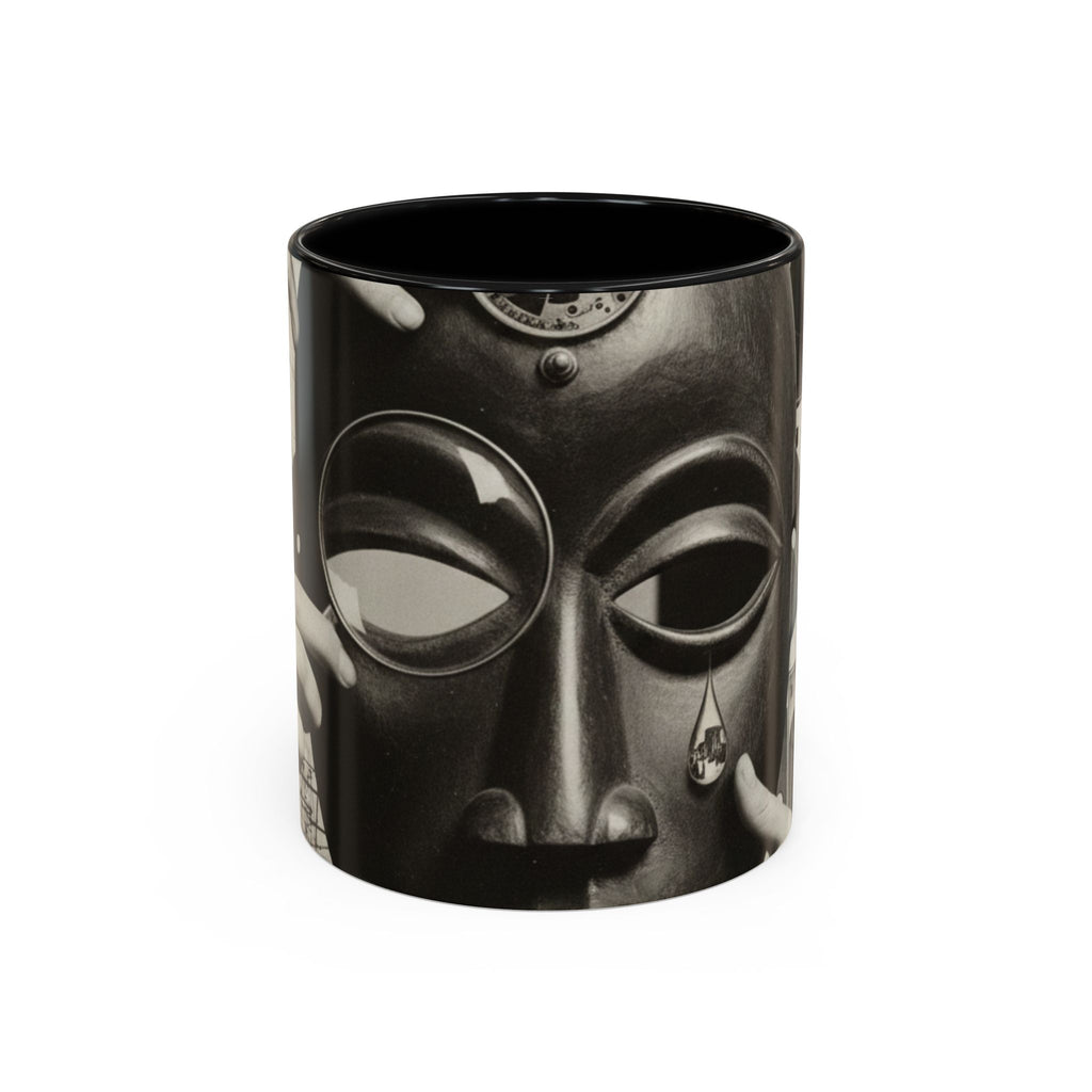 Surreal Dada Mask Accent Coffee Mug — Retro Black & White Art Ceramic (11/15oz)