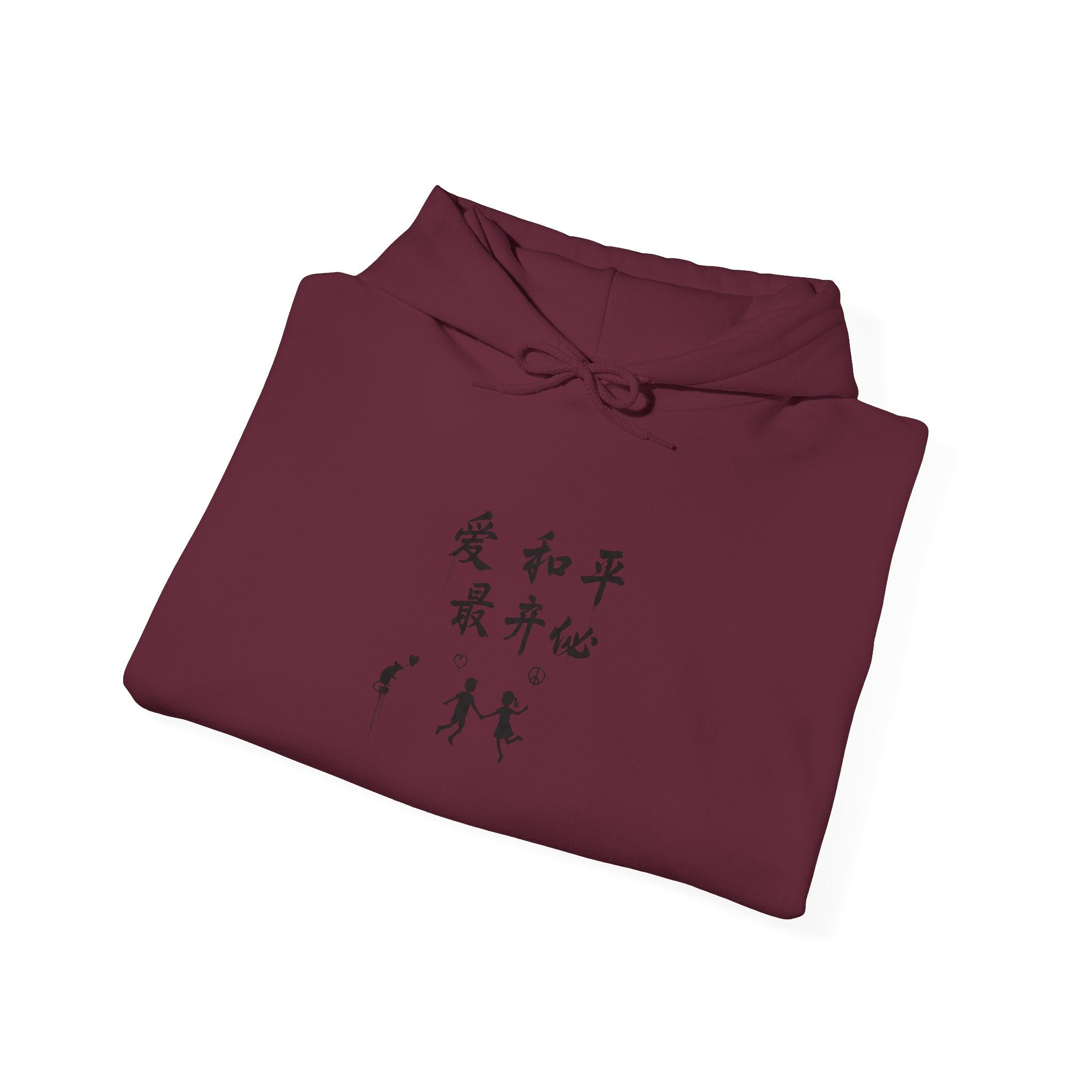 Hoodie with Japanese Calligraphy Artwork — Peace, Harmony & Love Design