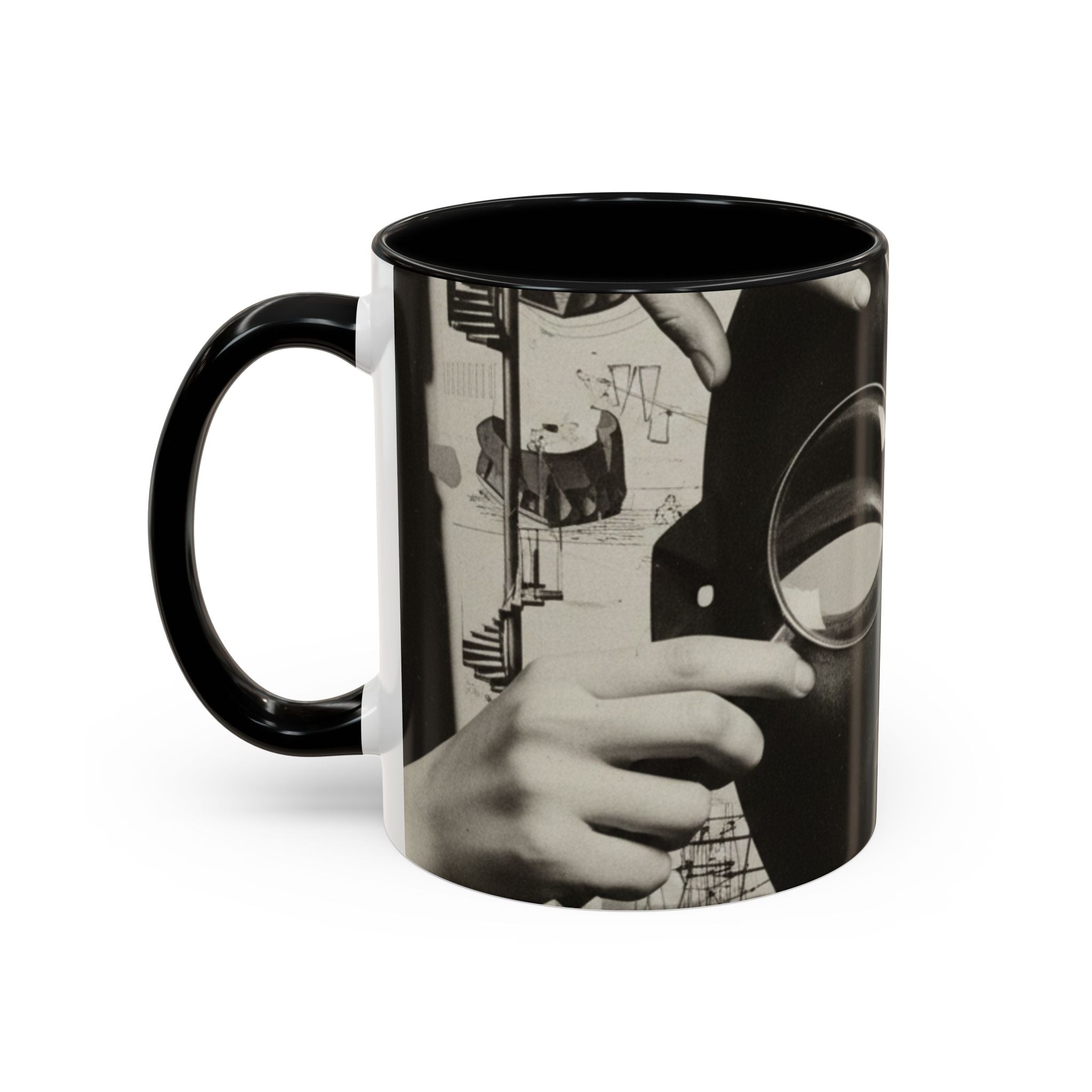 Surreal Dada Mask Accent Coffee Mug — Retro Black & White Art Ceramic (11/15oz)