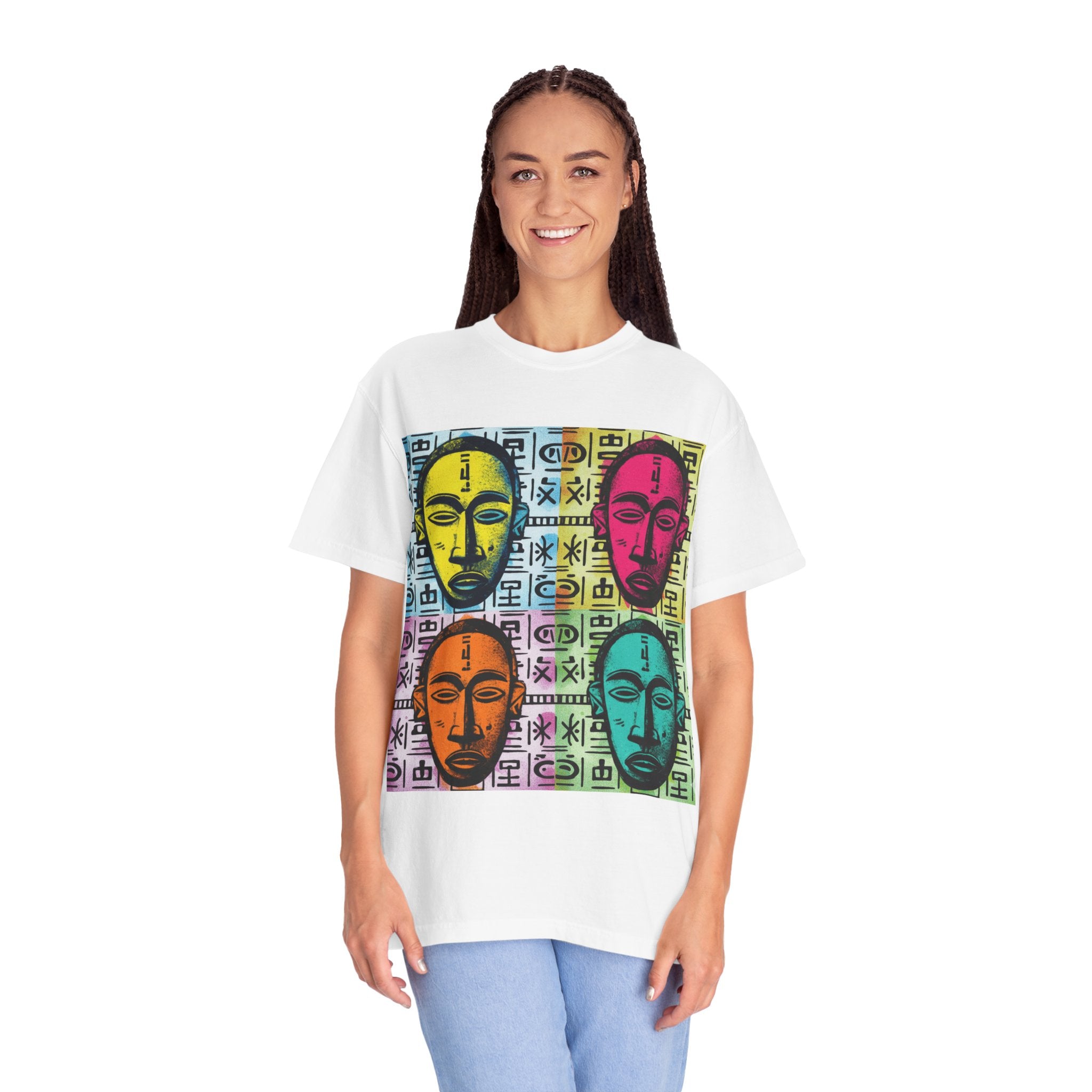 Pop Art Tribal Mask T-Shirt — Colorful Four Faces Graphic Tee