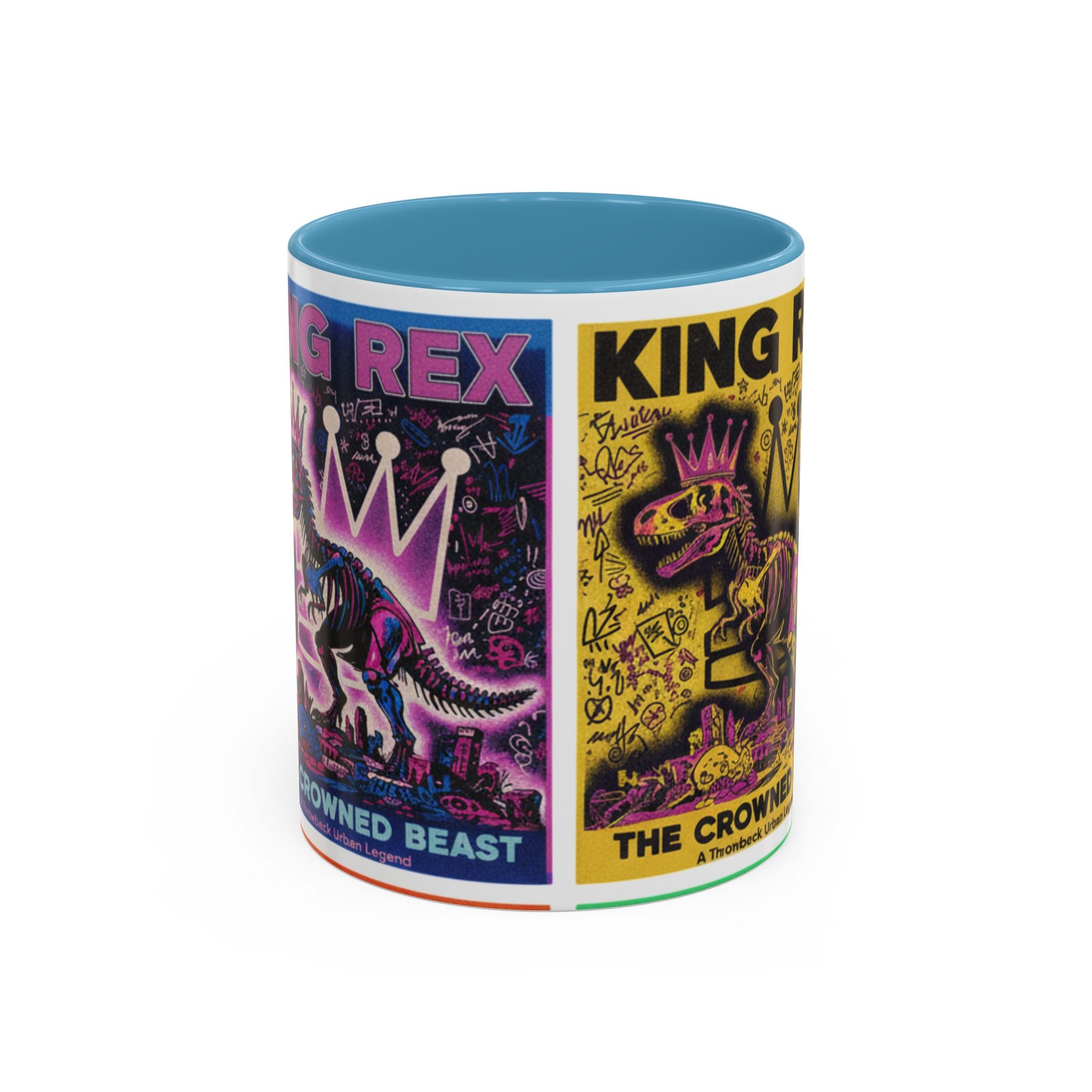King Rex Pop-Art Coffee Mug — Retro Dinosaur Poster Accent Mug (11/15oz)