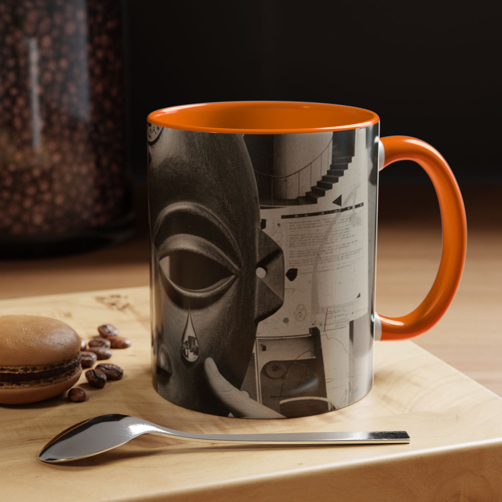 Surreal Dada Mask Accent Coffee Mug — Retro Black & White Art Ceramic (11/15oz)