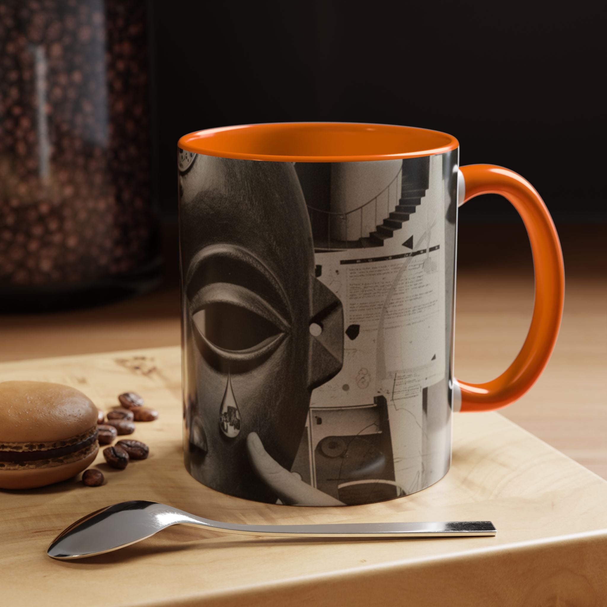 Surreal Dada Mask Accent Coffee Mug — Retro Black & White Art Ceramic (11/15oz)