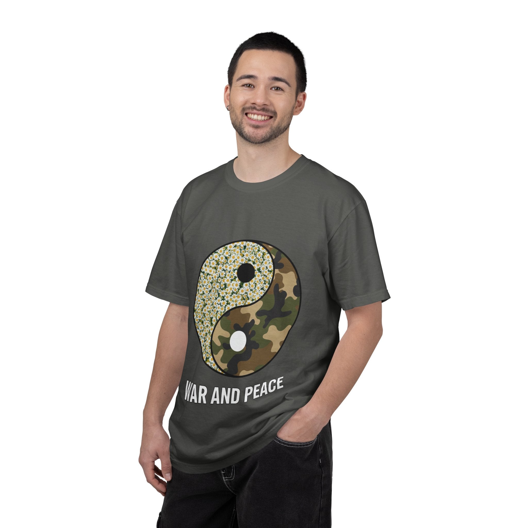 War and Peace Yin Yang T-Shirt — Camouflage & Daisies Graphic Tee