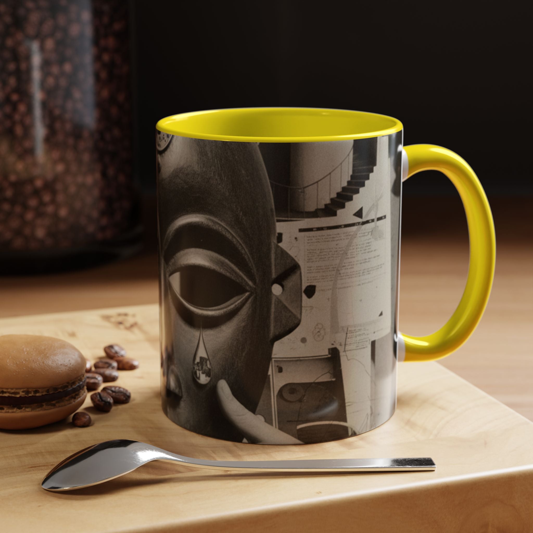 Surreal Dada Mask Accent Coffee Mug — Retro Black & White Art Ceramic (11/15oz)
