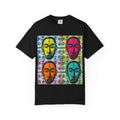 Pop Art Tribal Mask T-Shirt — Colorful Four Faces Graphic Tee