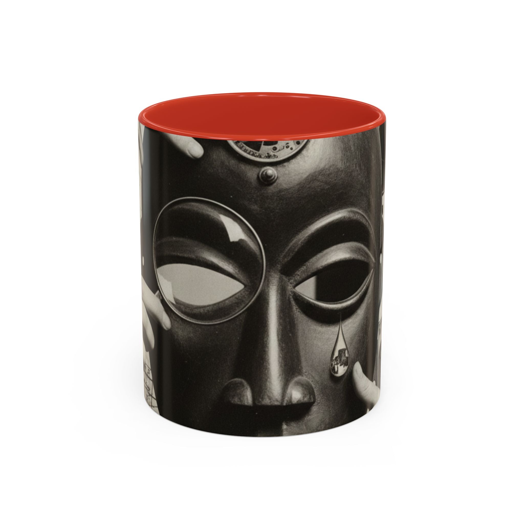 Surreal Dada Mask Accent Coffee Mug — Retro Black & White Art Ceramic (11/15oz)