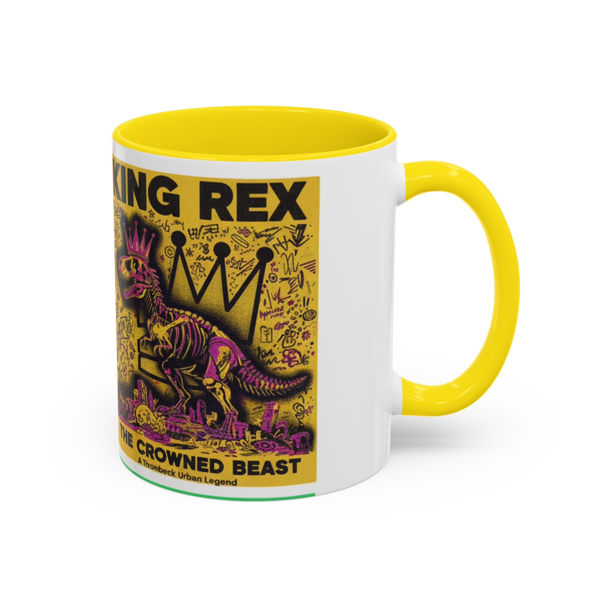 King Rex Pop-Art Coffee Mug — Retro Dinosaur Poster Accent Mug (11/15oz)