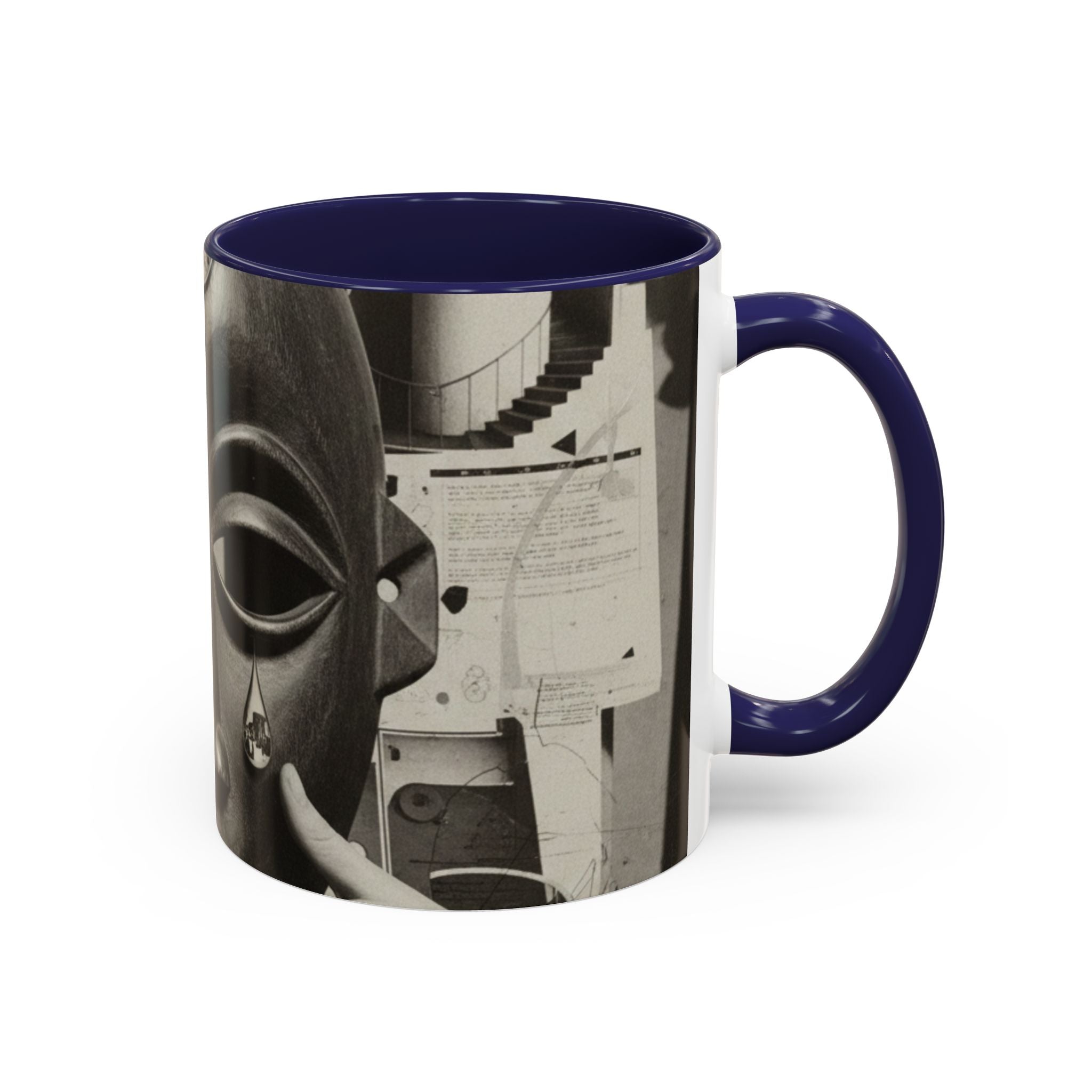 Surreal Dada Mask Accent Coffee Mug — Retro Black & White Art Ceramic (11/15oz)