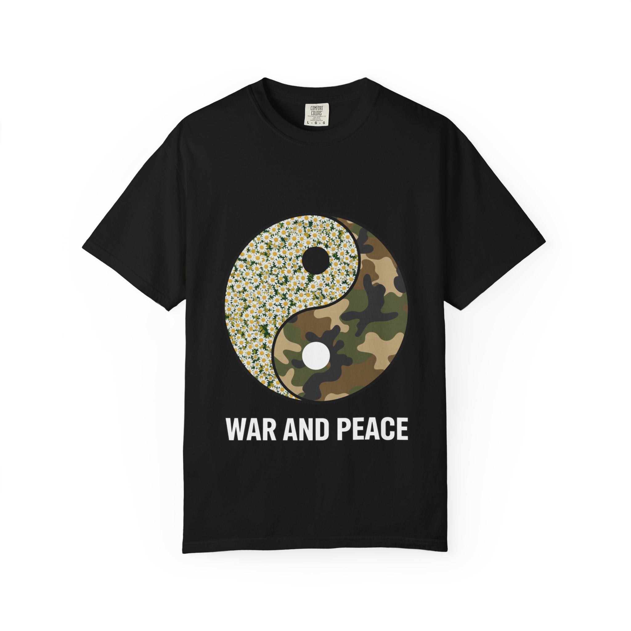 War and Peace Yin Yang T-Shirt — Camouflage & Daisies Graphic Tee