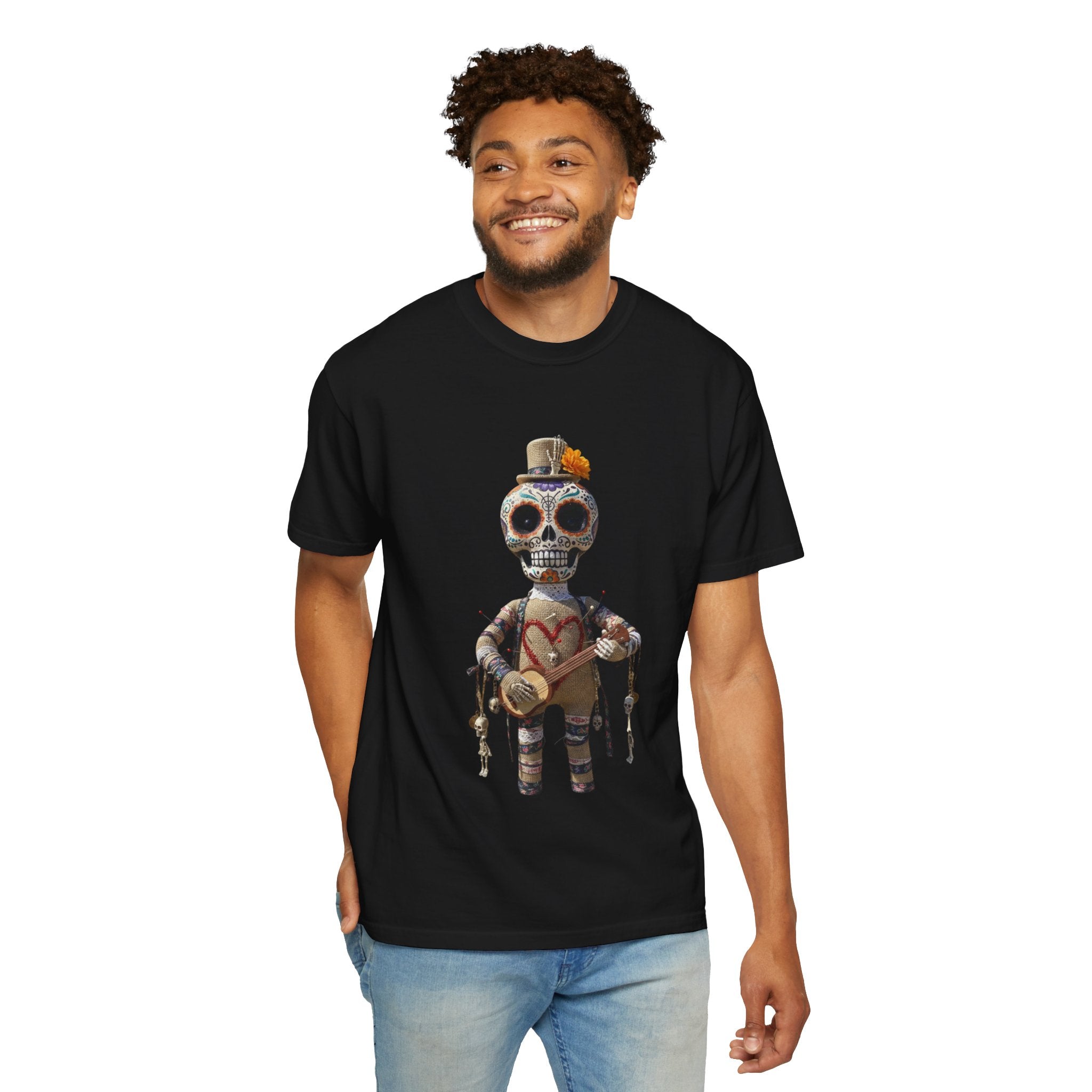 Day of the Dead Sugar Skull Doll T-Shirt — Skeleton Maraca Musician Tee