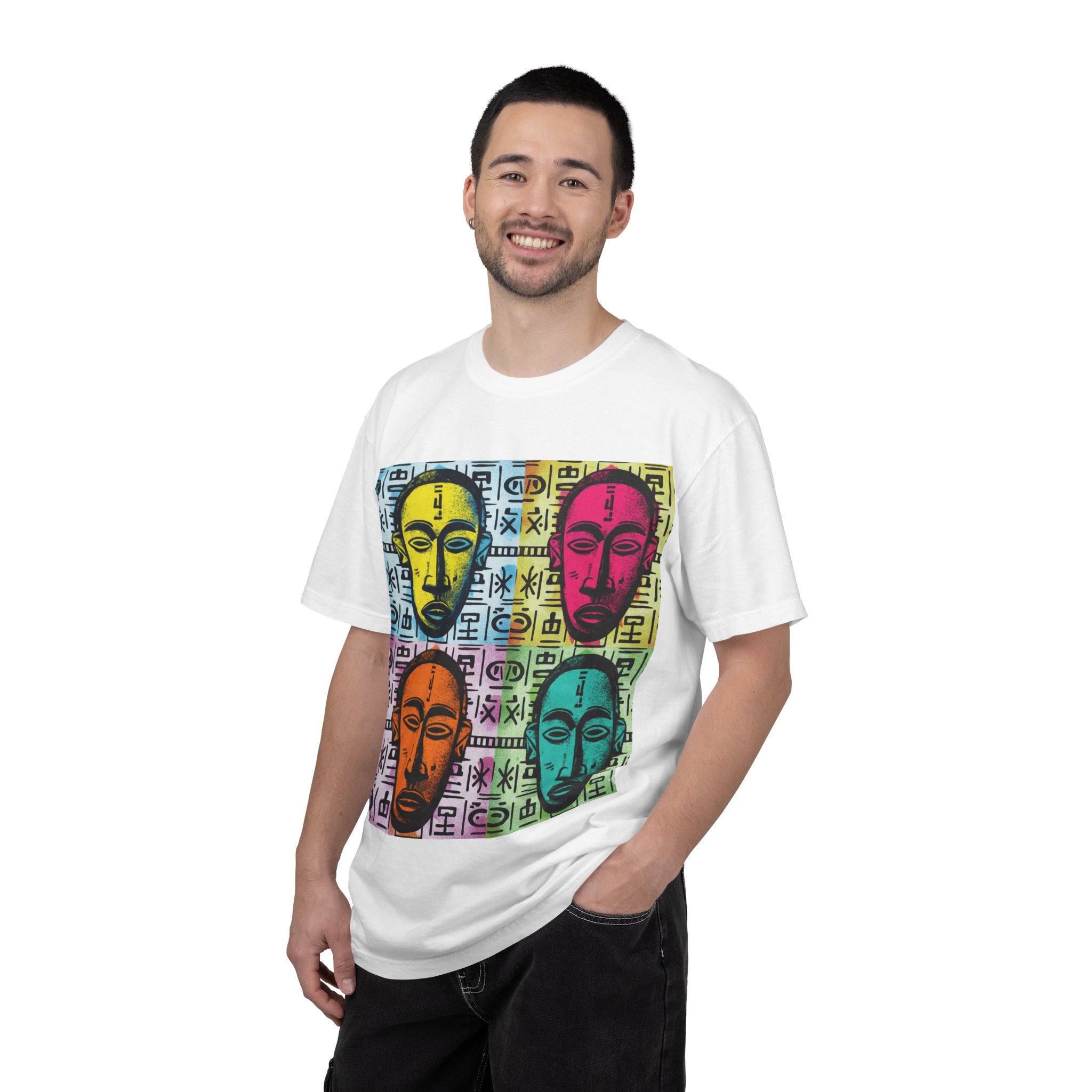 Pop Art Tribal Mask T-Shirt — Colorful Four Faces Graphic Tee