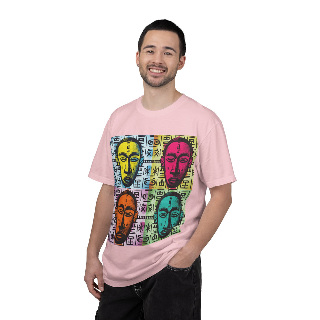 Pop Art Tribal Mask T-Shirt — Colorful Four Faces Graphic Tee