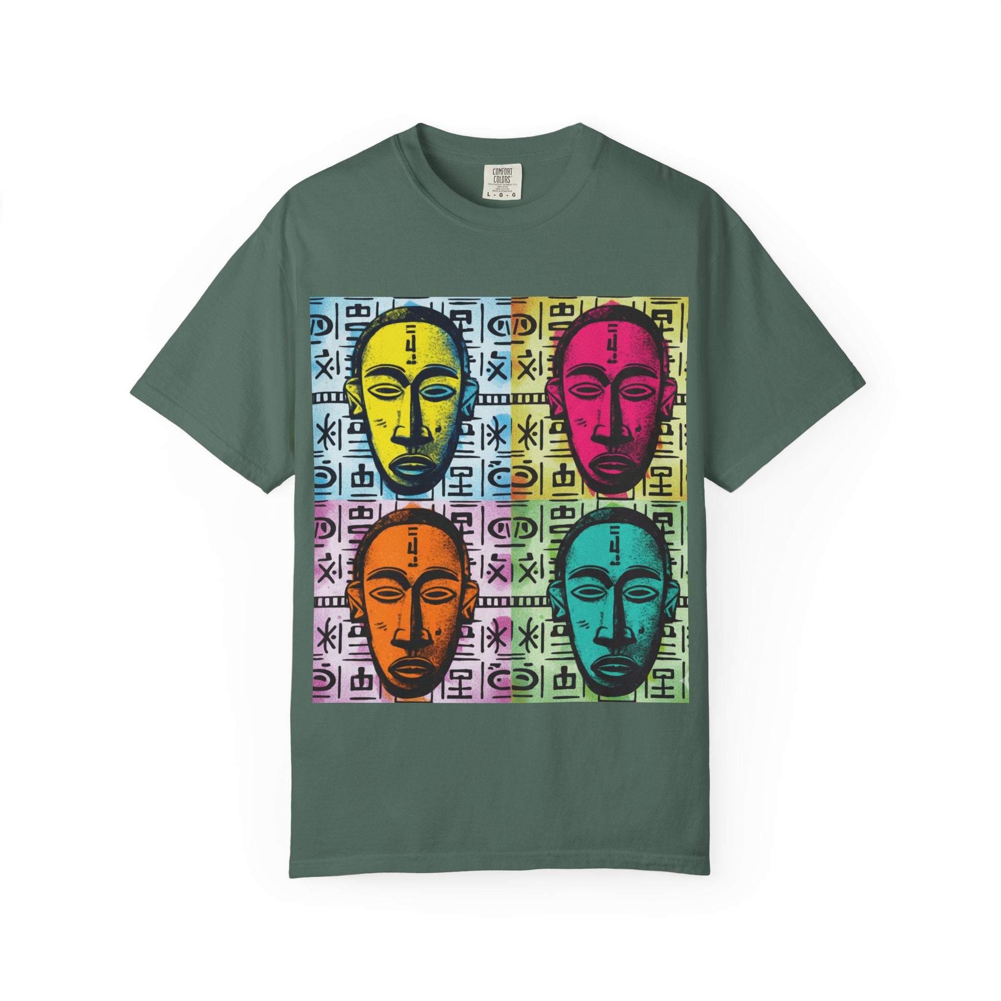 Pop Art Tribal Mask T-Shirt — Colorful Four Faces Graphic Tee