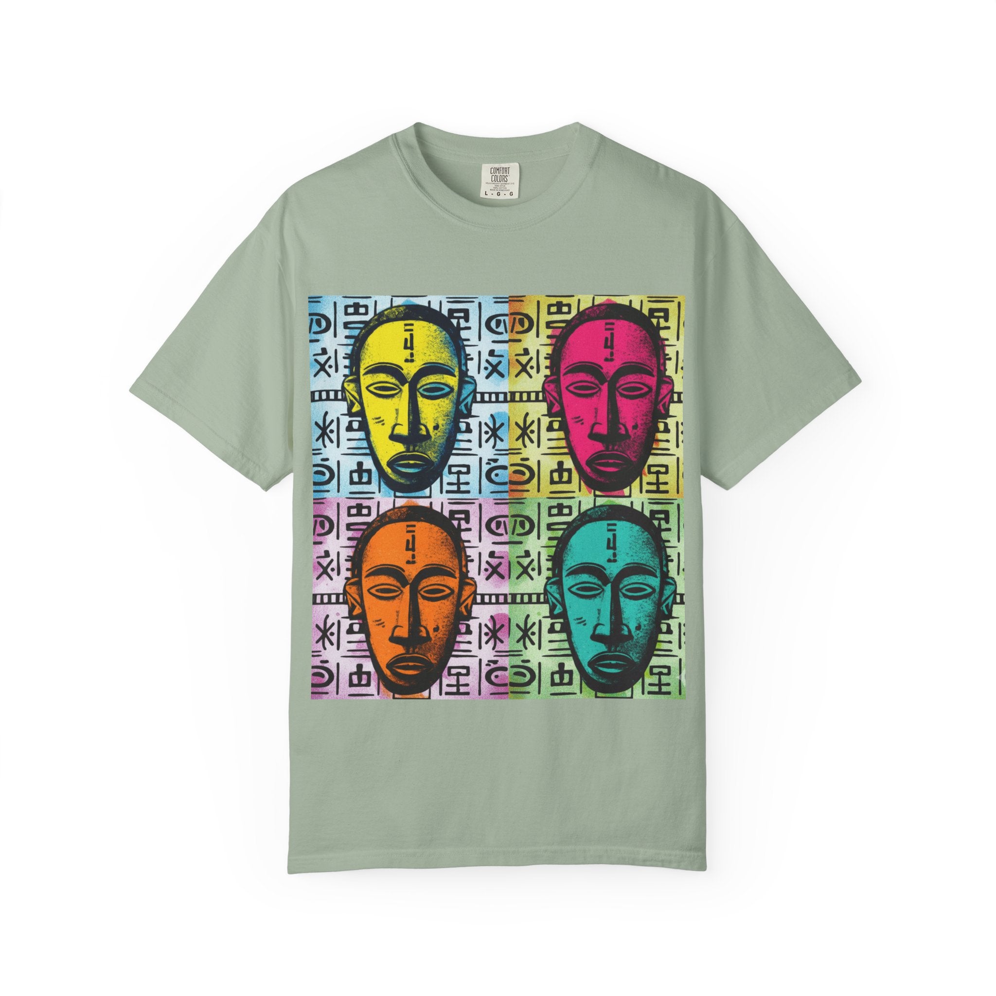 Pop Art Tribal Mask T-Shirt — Colorful Four Faces Graphic Tee