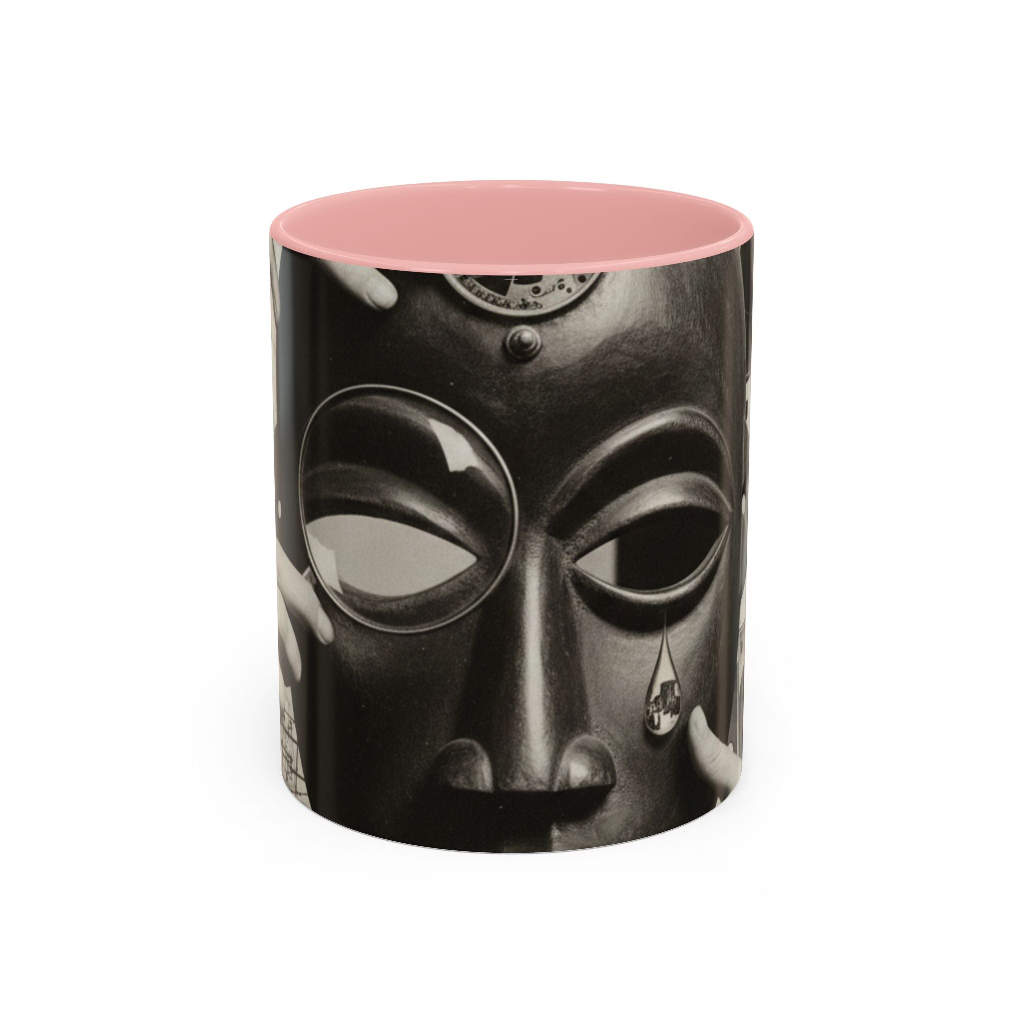 Surreal Dada Mask Accent Coffee Mug — Retro Black & White Art Ceramic (11/15oz)