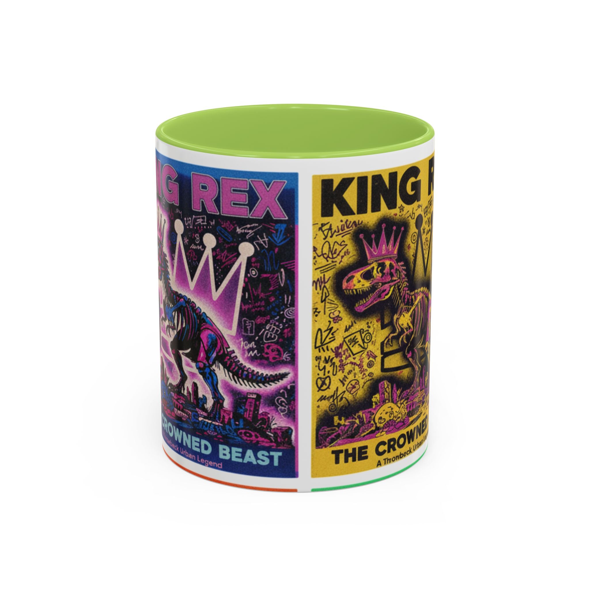 King Rex Pop-Art Coffee Mug — Retro Dinosaur Poster Accent Mug (11/15oz)